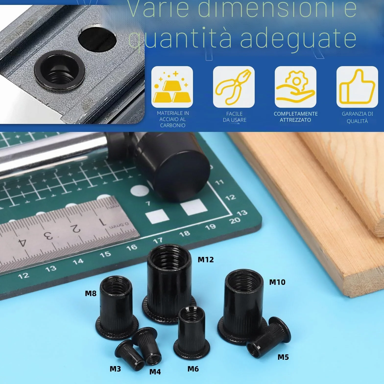 Glarks Set 320 dadi filettati M3 M4 M5 M6 M8 M10 M12 acciaio carbonio zincato nero testa piatta rivnut inserti filettati