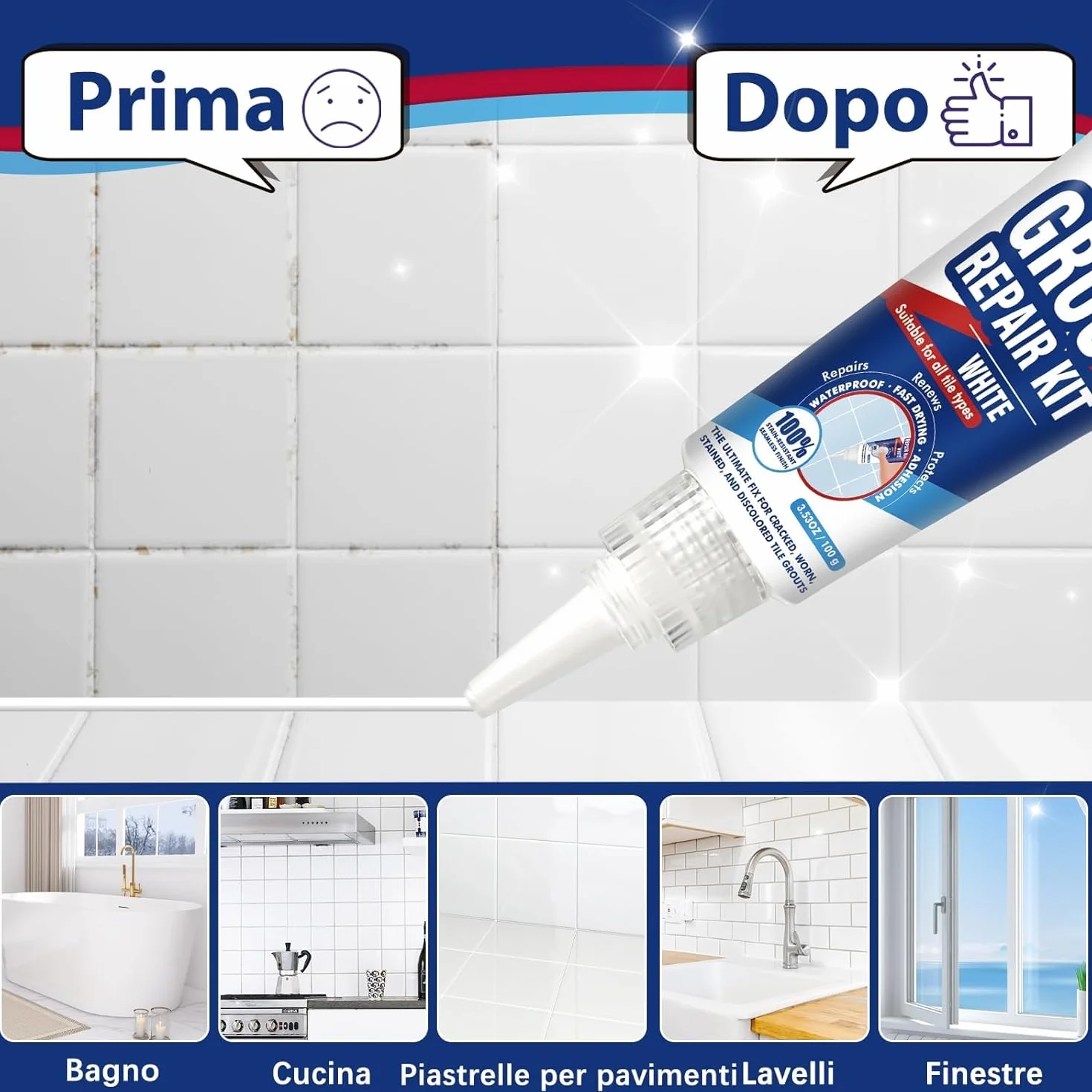 Riparazione Fughe Piastrelle Bianco, 2 Pack Kit Stucco per Piastrelle Bagno Doccia Pavimenti Pareti Cucina, Asciugatura Rapida
