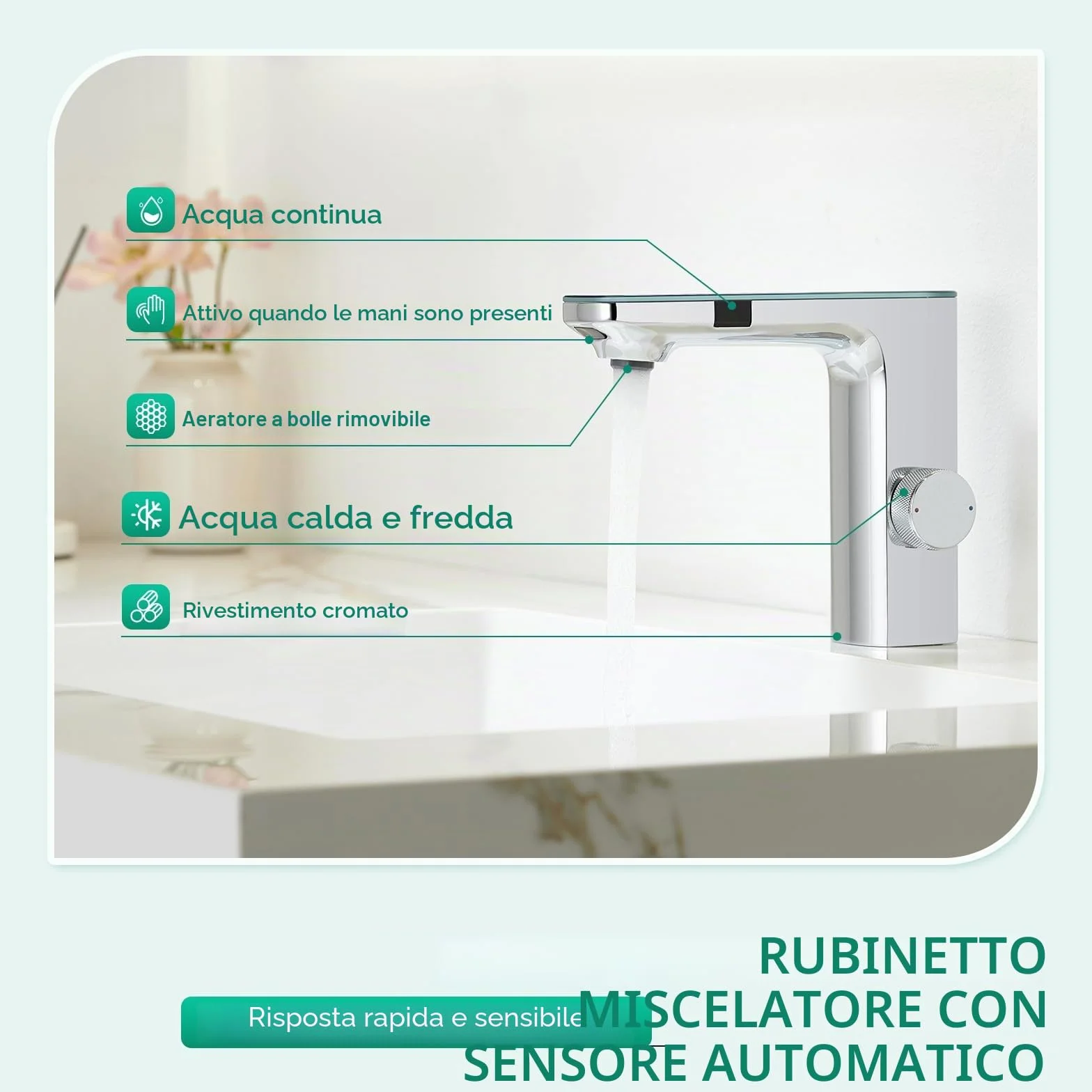 CREA Rubinetto Bagno Infrarossi, Miscelatore Lavabo Automatico con Sensore Cromato