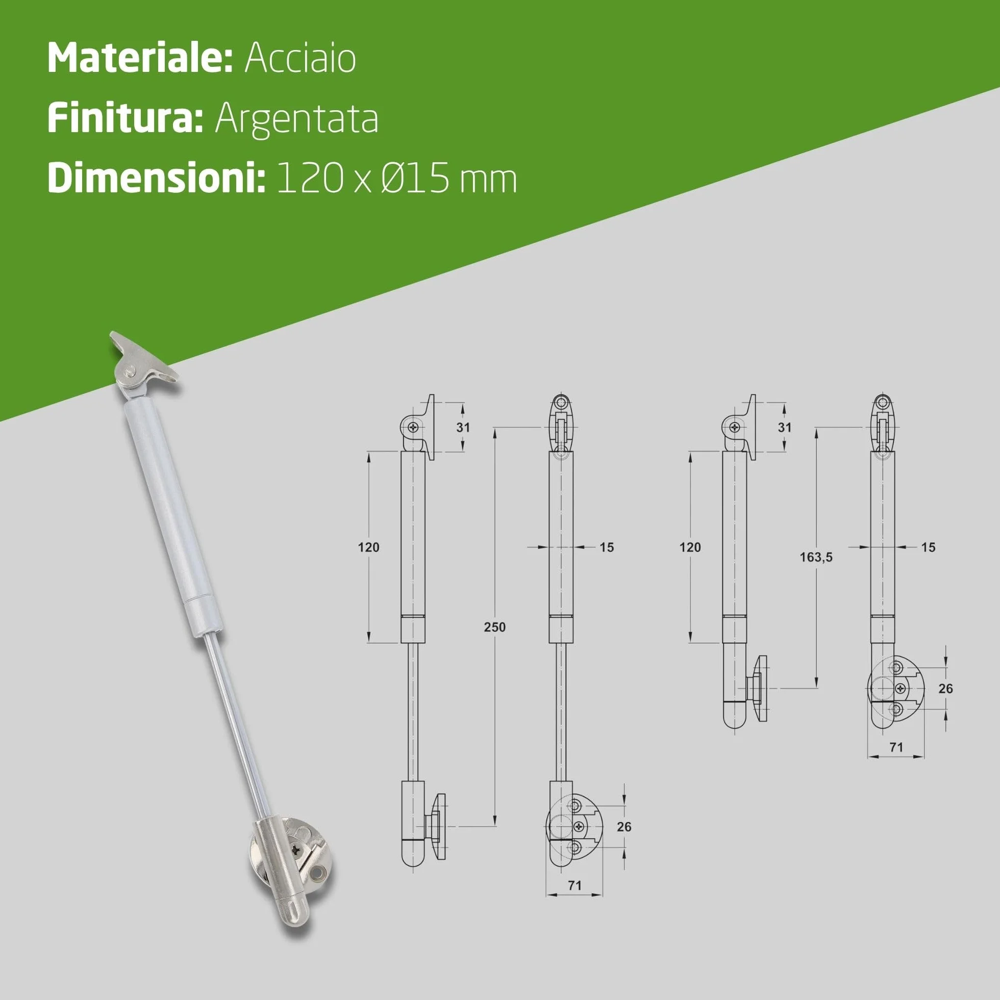 Amig - Bussola a gas per sollevare porte apribili - Mod.98 - Resistenza di carico: 12 kg - Ammortizzatore regolabile per apertura verso l'alto senza impatto - Argento
