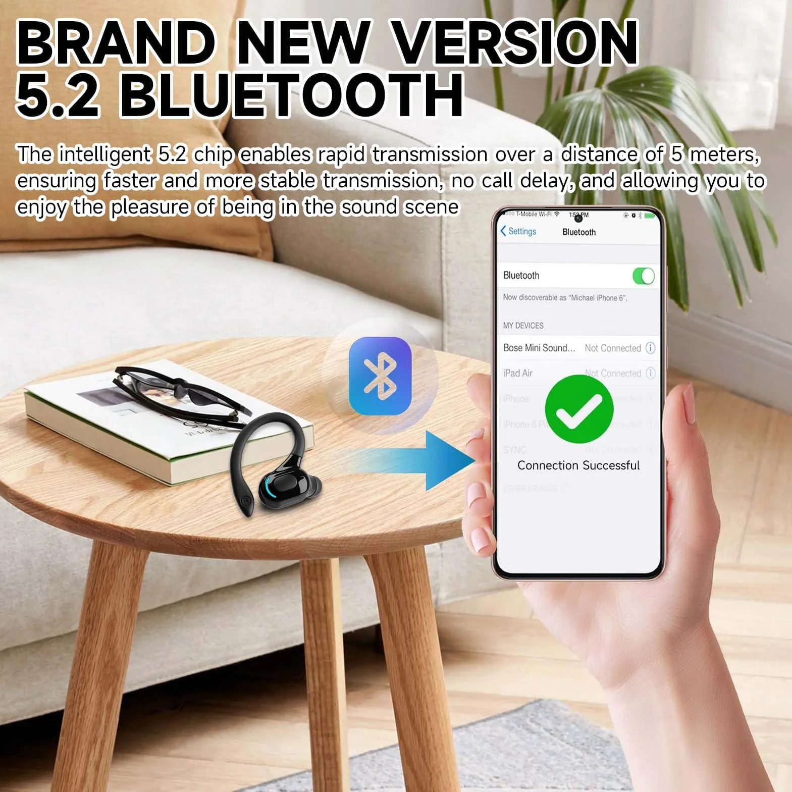 Auricolare Bluetooth Mono V5.2 Cuffie Vivavoce con Microfono Design 360° sopra l'Orecchio Pinganello Bluetooth Mobile Compatibile con Phone, Android e PC
