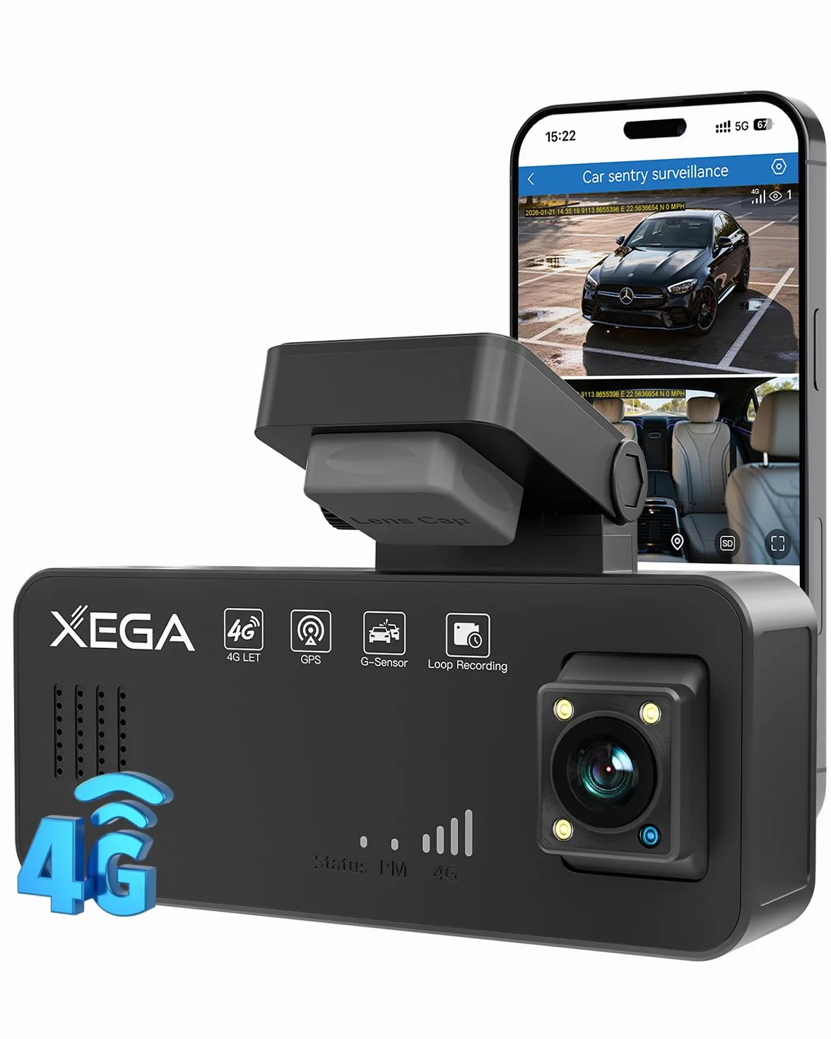 XEGA Dash Cam Auto 2K 4G con Scheda SIM, GPS, Monitoraggio di Parcheggio, Rilevamento Collisione/Movimento Radar, Audio Bidirezionale, Modalità Privacy, Video in Diretta/Cloud
