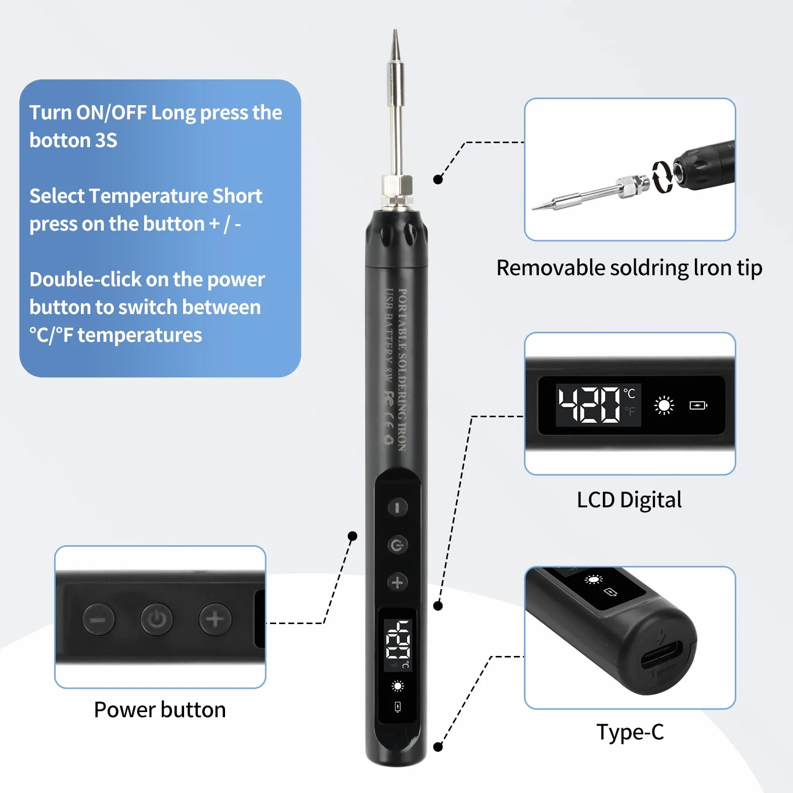 Kit saldatore USB-C senza fili display LCD temperatura regolabile 200°C-450°C 3 punte riparazione elettronica