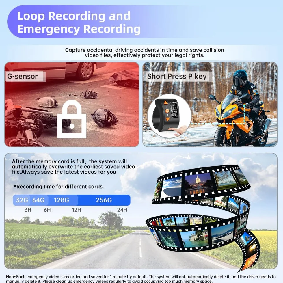 VSYSTO Moto Dash cam, 5G WiFi téléchargement vidéo haute vitesse, contrôleur de câble OLED, étanche starlight nuit vision HD 1080P avant et arrière caméra, affichage de la température