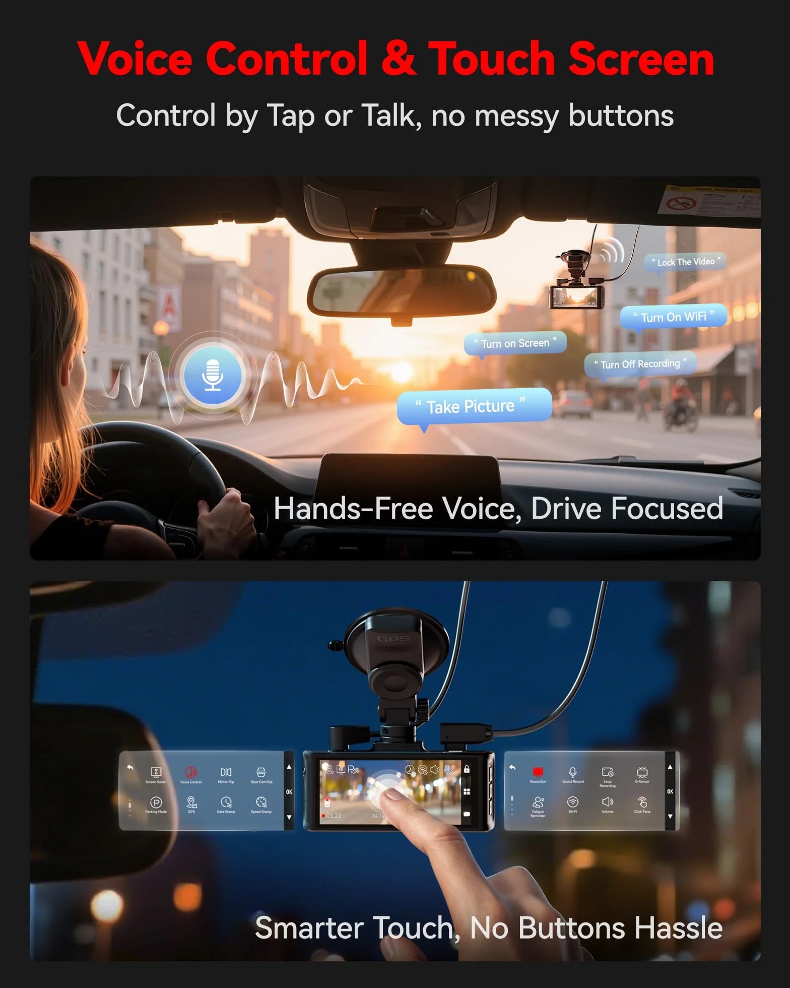 REDTIGER 4K STARVIS 2 Dash Cam Auto,Touchscreen da 3,18 Pollici,Scheda di Memoria da 128GB,GPS,5.8GHz WiFi 6,Controllo Vocale,Visione Notturna UHD,Blocco di Emergenza,Monitor di Parcheggio (F7N Touch)