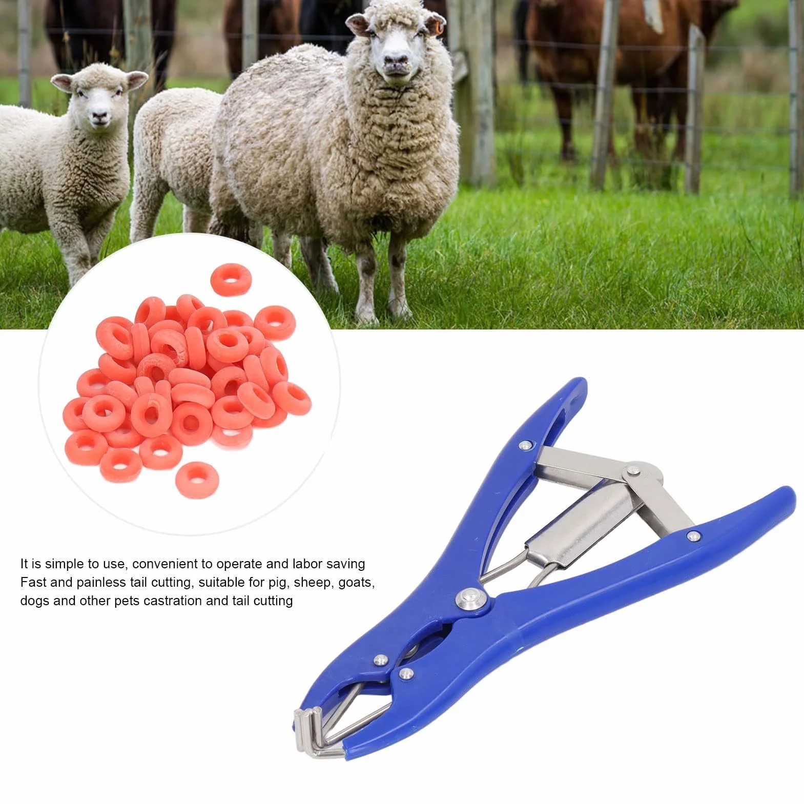 Kit Professionale per Castrazione 1 Pinza Elastrator in Plastica Durevole 100 Anelli Elastici di Gomma Rossa per Ovini Caprini Suinetti