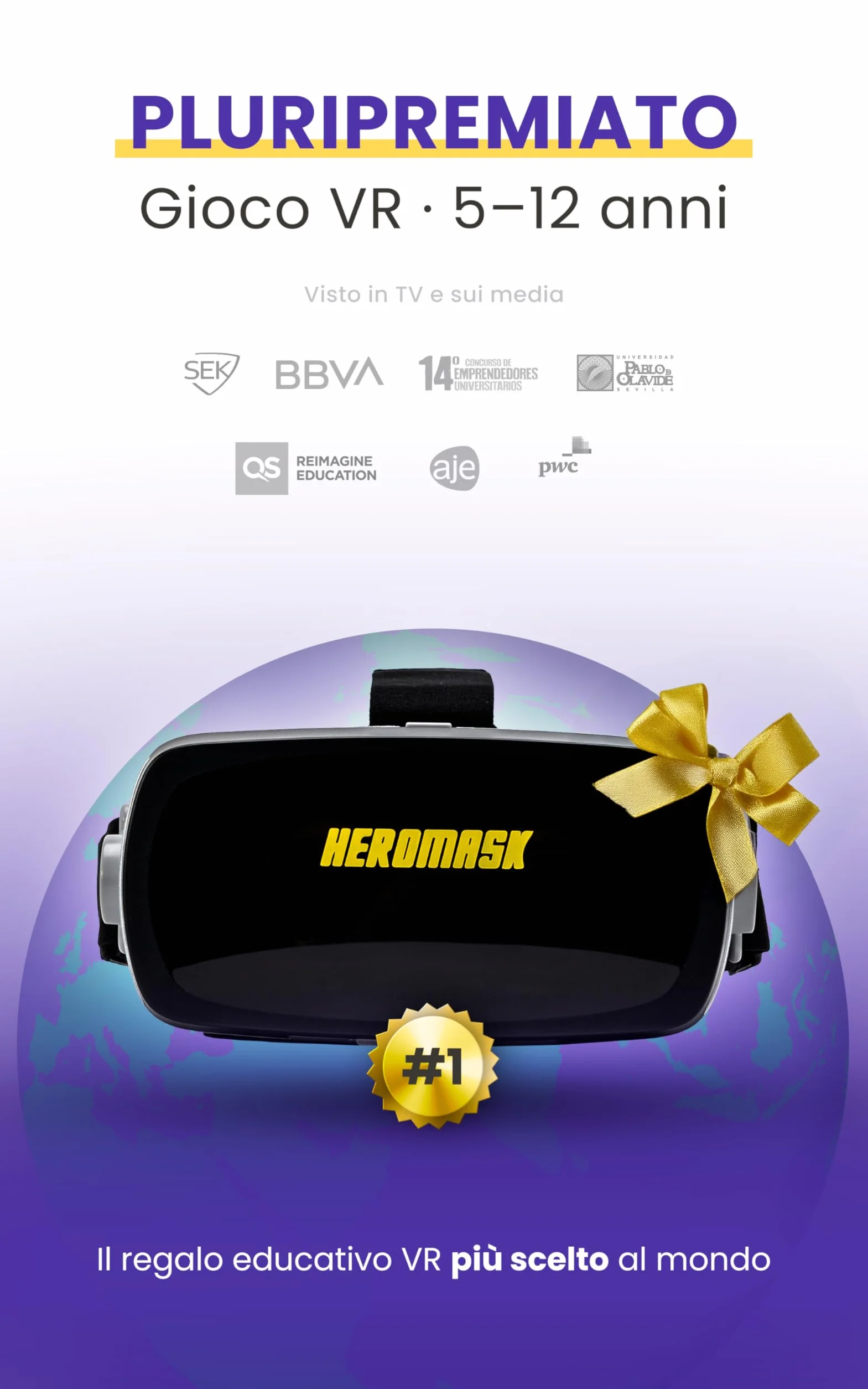Visore Realtà Virtuale Bambini 5-12 + Giochi Matematica Heromask — Regalo educativo che trasforma la matematica in gioco: guardali sorridere mentre fanno tabelline e calcoli in VR 3D