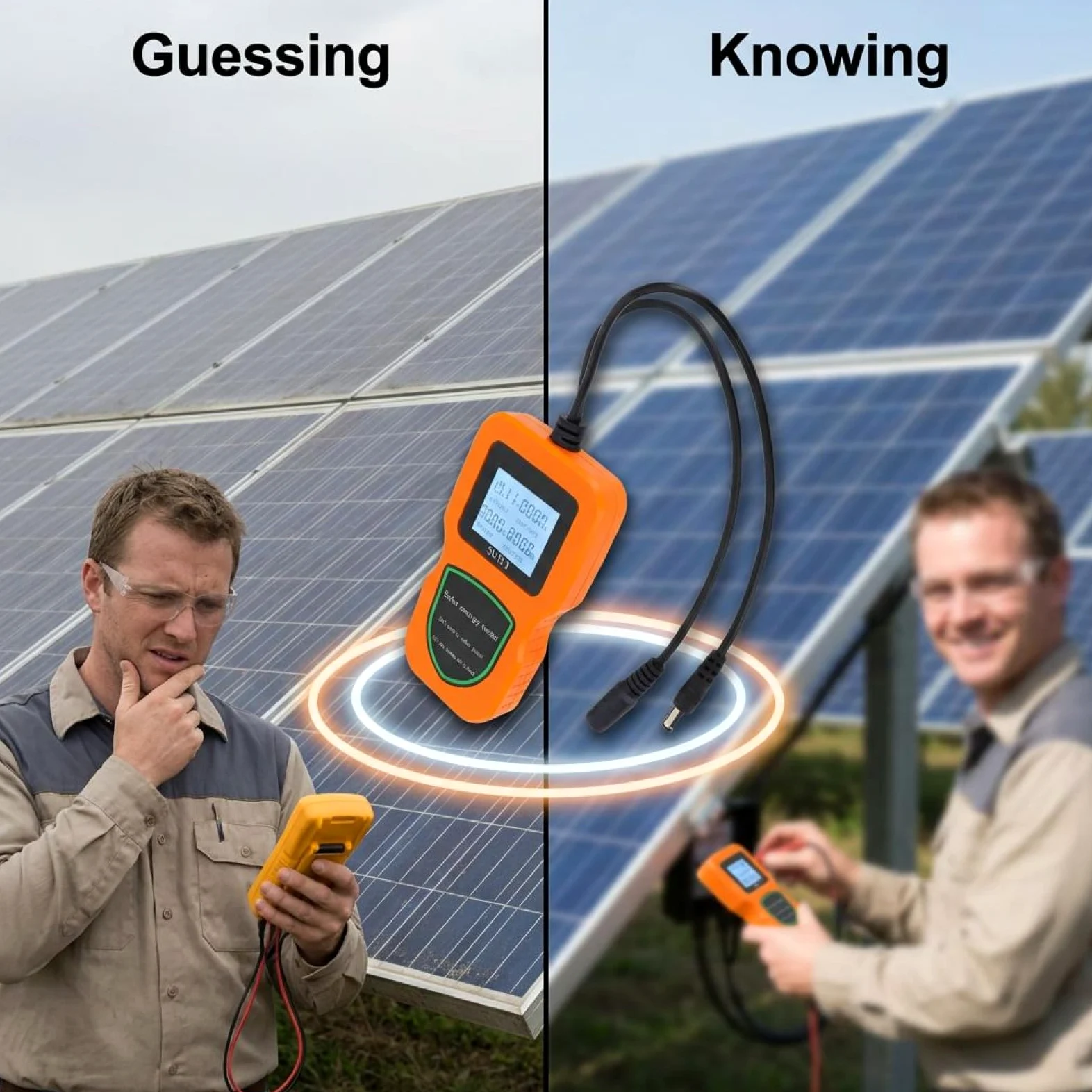 Tester per pannelli solari, 500 W, multimetro fotovoltaico LCD arancione, ampio raggio 5 W-500 W, display corrente di tensione, retroilluminazione, include clip di alimentazione, per analisi