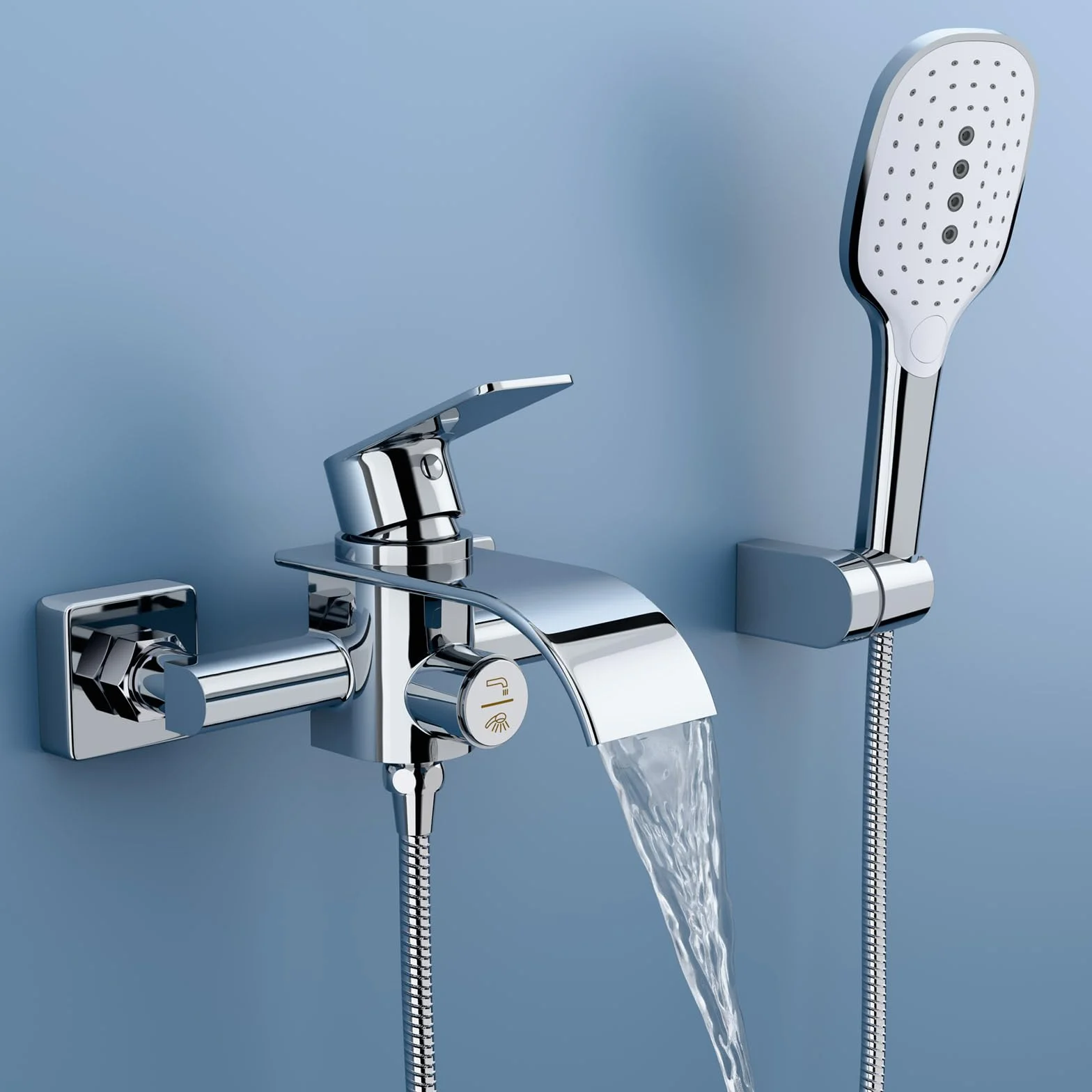 rubinetto vasca doccetta mano cascata miscelatore ottone 3 funzioni interruttore pressione