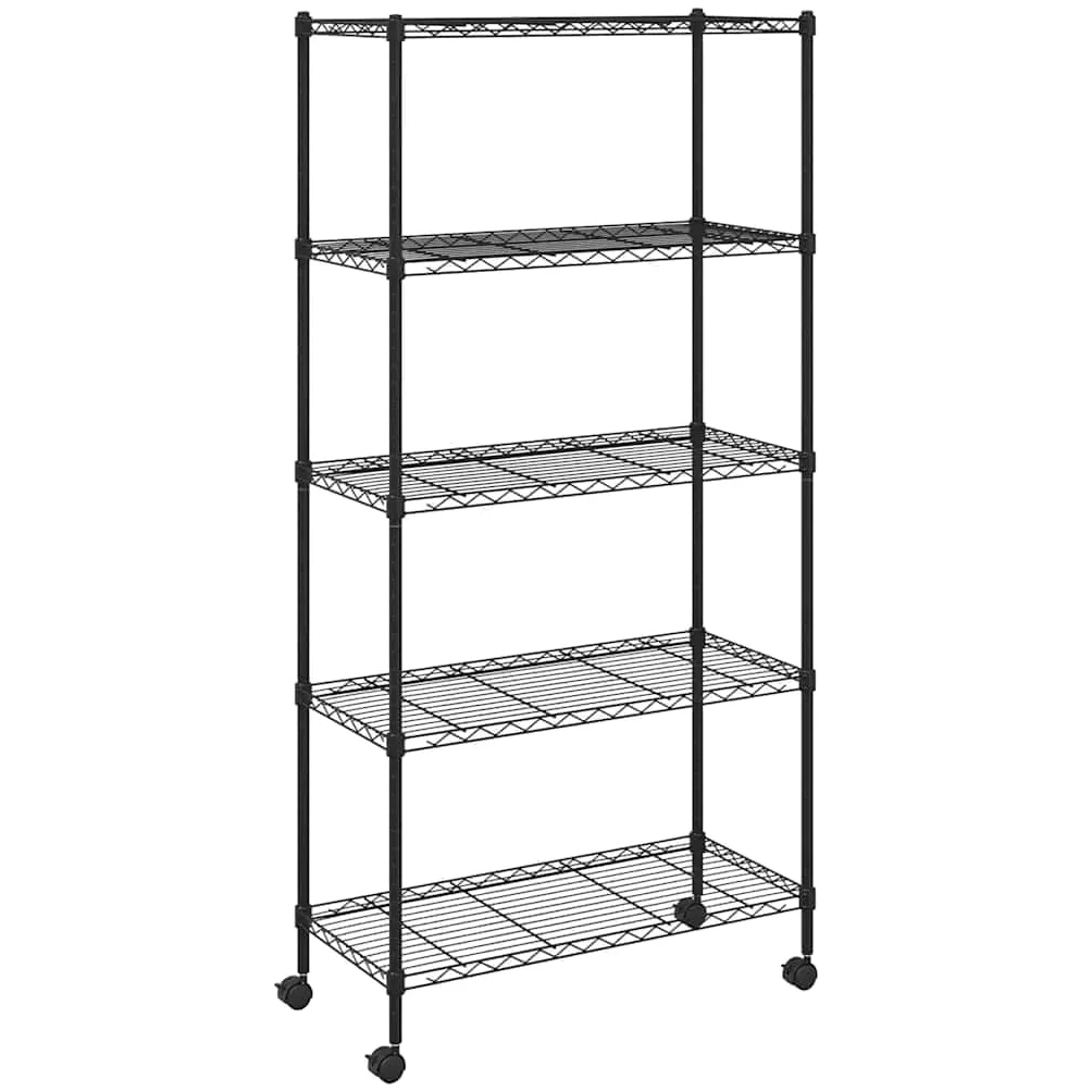 Scaffale in ferro nero con ripiani a griglia e 4 ruote, versatile per cucina, bagno, ufficio, cantina o officina