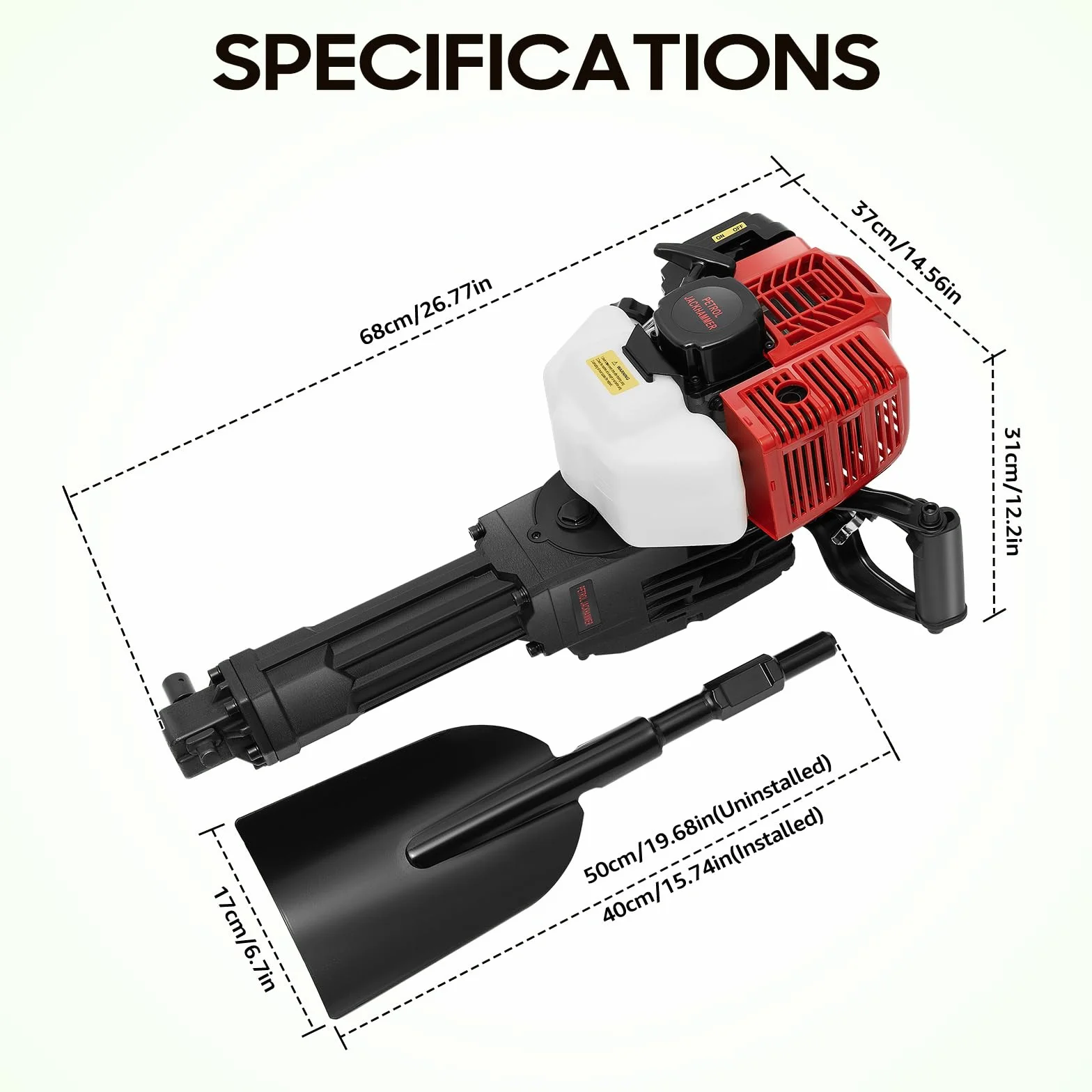 Martello demolitore 52CC 2 tempi benzina 55J 6500 rpm pala vanga da giardino