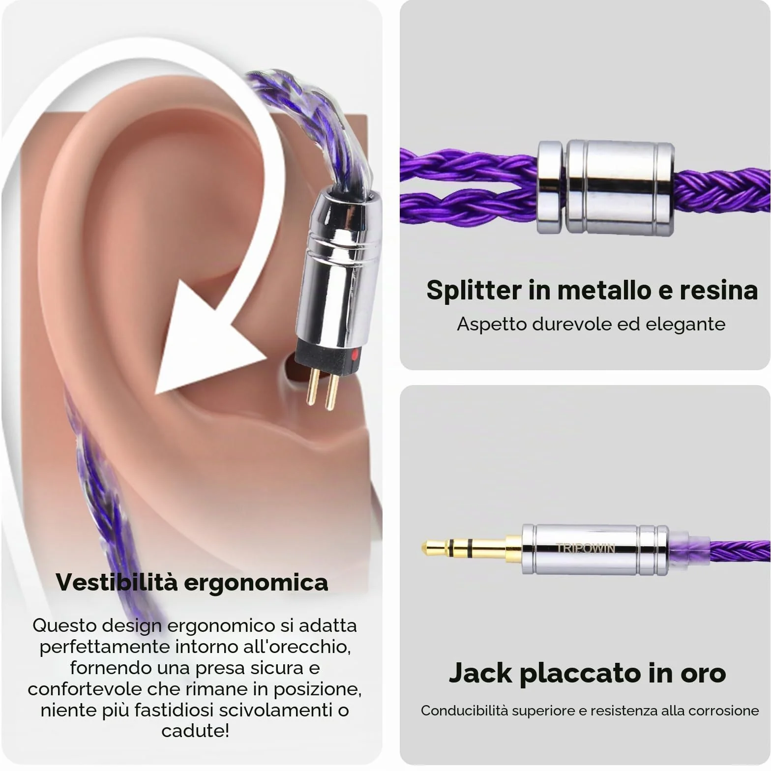 Linsoul Tripowin Zonie IEM Cavo, 16 Core Placcato Argento Cordoni Aggiornati, 1.25m SPC in Ear Monitor Cavi per 7hz Zero:2 Orchestra Lite Cadenza Hype4 Supermix4(2pin 0.78mm, 4.4mm)(Viola)