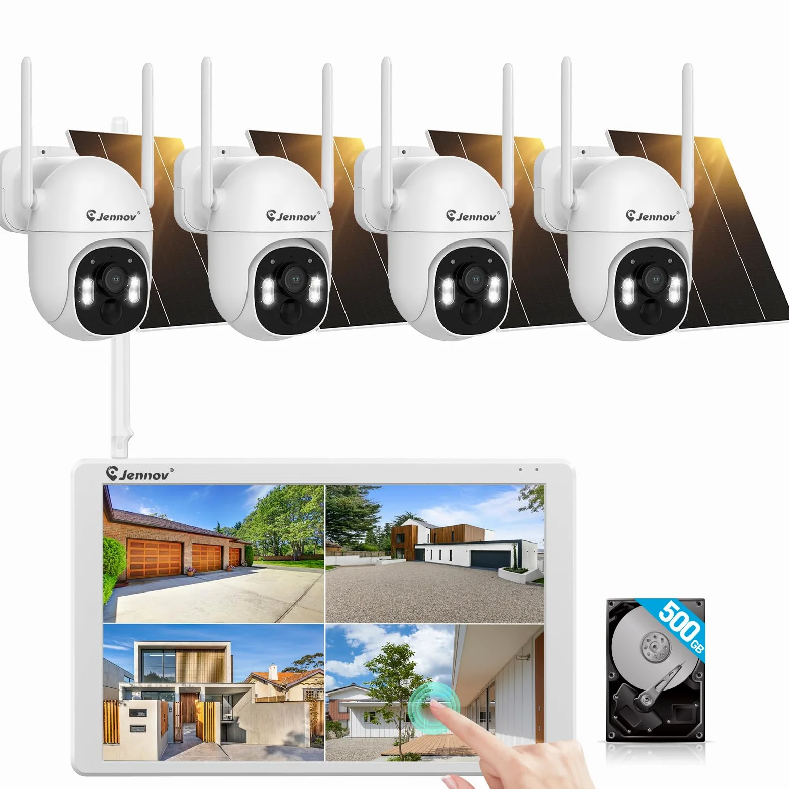 Jennov Kit Telecamere Videosorveglianza Solare con Monitor, 10CH NVR Touch | 5MP Telecamera Solare con 360° Pan&Tilt, Visione Notturna a Colori, Rilevamento PIR, Senza Abbonamento, EseeCloud APP