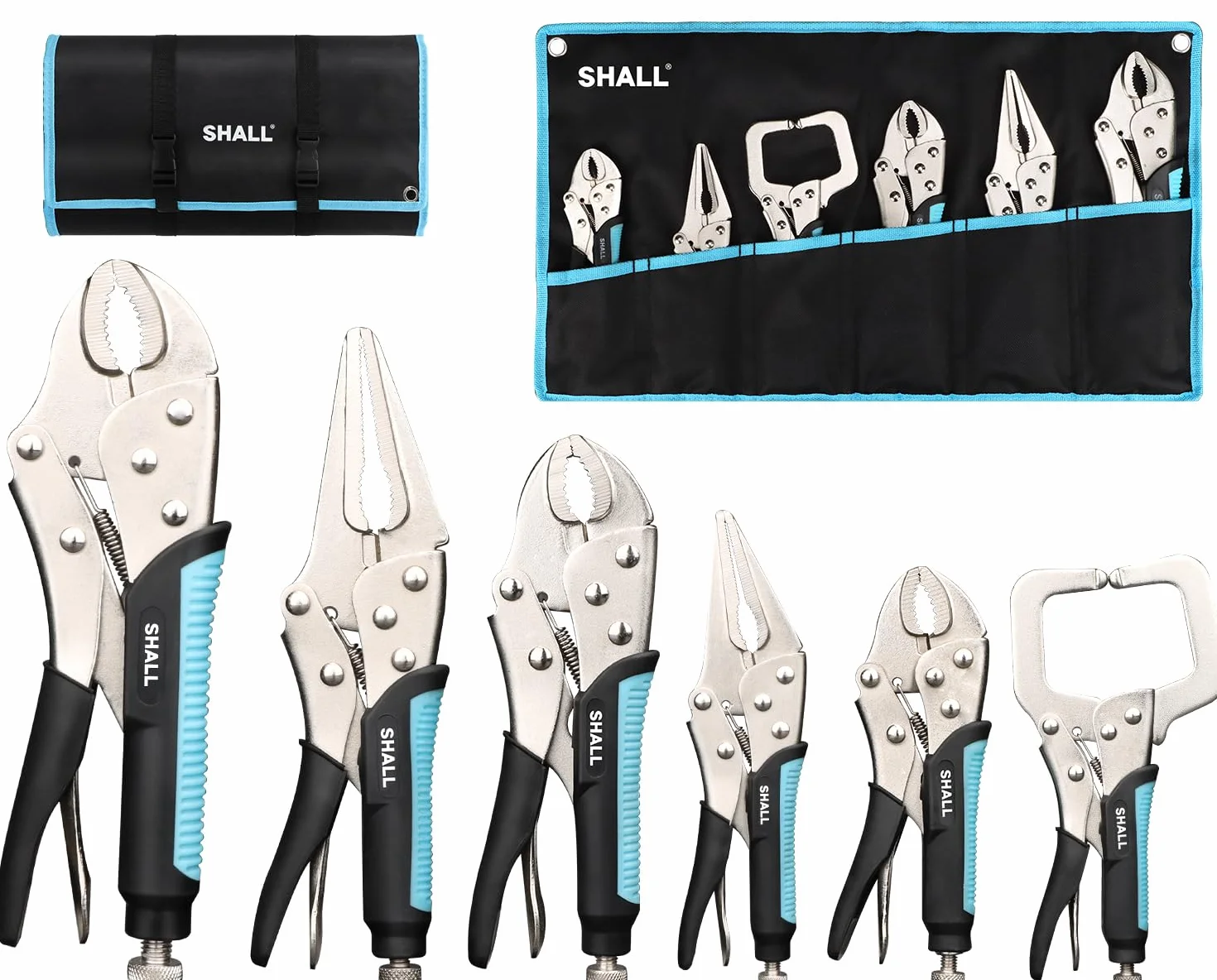 Shall Set di 6 pinze di bloccaggio – mascella curva da 12,7 cm, 17,8 cm e 25,4 cm, naso lungo 15,2 cm e morsetto a C da 15,2 cm, manico in TPR bicolore, custodia arrotolabile inclusa