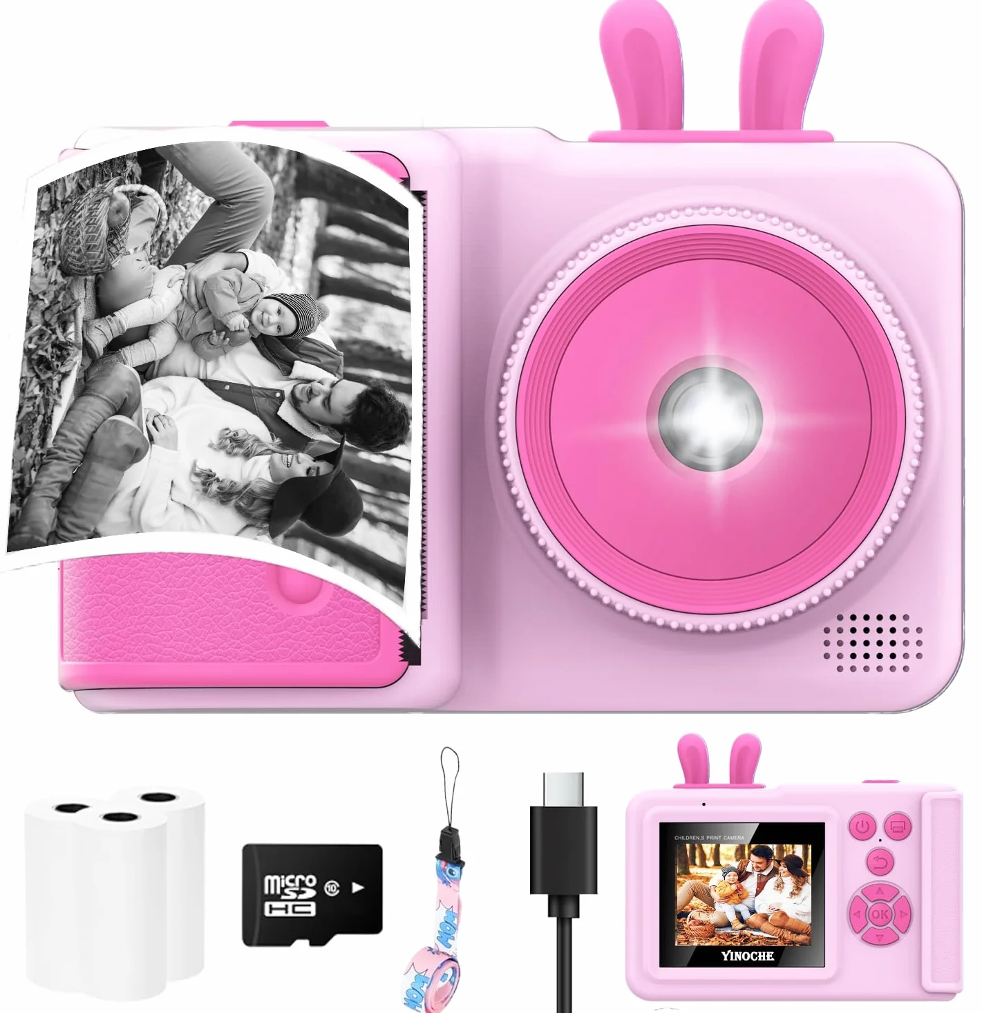 YINOCHE Fotocamera per bambini, stampa istantanea, fotocamera per bambini con foto stampabili, giocattoli per bambini dai 3 ai 14 anni, fotocamera digitale, regalo di compleanno per ragazze (rosa)