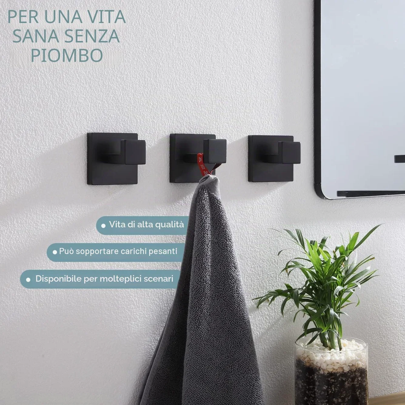 KOKOSIRI Gancio per asciugamano da bagno, da parete, quadrato, per accappatoio, bagno, cucina, garage, resistente, in acciaio inox SUS 304, confezione da 3 pezzi, nero opaco, B1010BK-P3