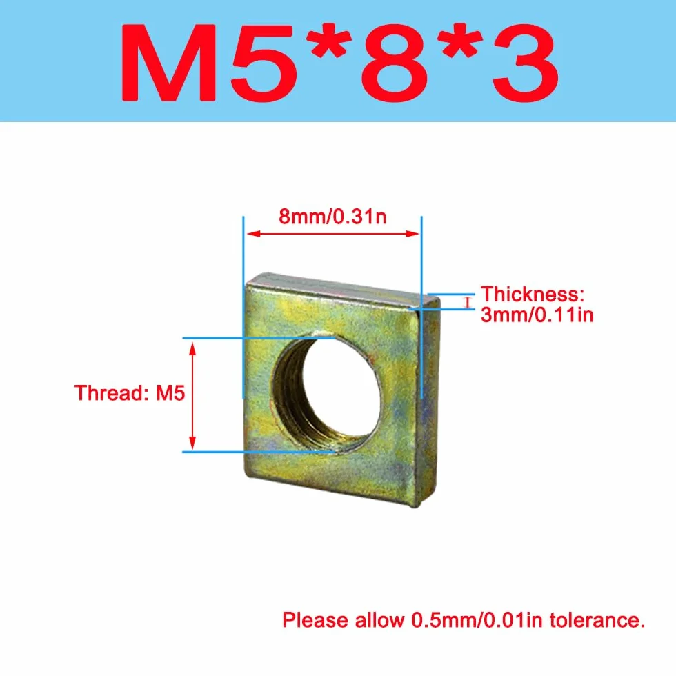 M5 Dadi quadrati 8x3 mm zincati filettatura metrica grossa 100 sztuk