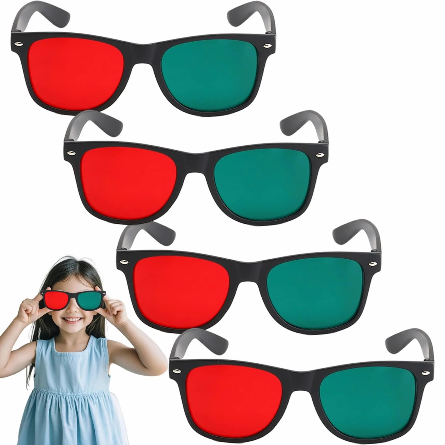 Occhiali 3D da 4 pezzi, occhiali 3D con montatura nera, rosso verde, per giochi TV, film in DVD, anaglifi dimensionali e da allenamento per l'ambliopia