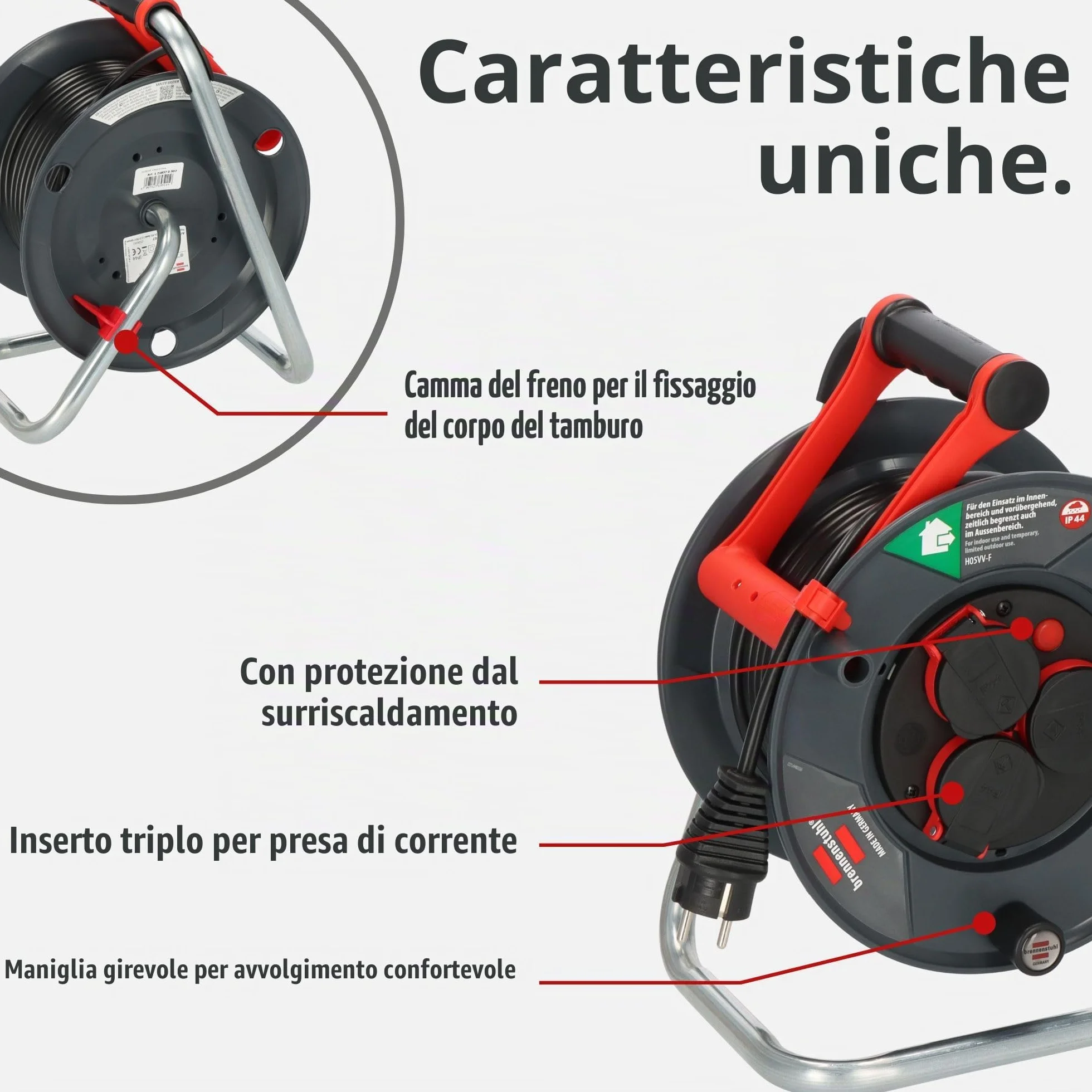 Brennenstuhl Garant, Avvolgicavo per esterni, IP44, 25 m (Made in Germany, 3 prese di sicurezza con migliore protezione da tocco, plastica speciale)