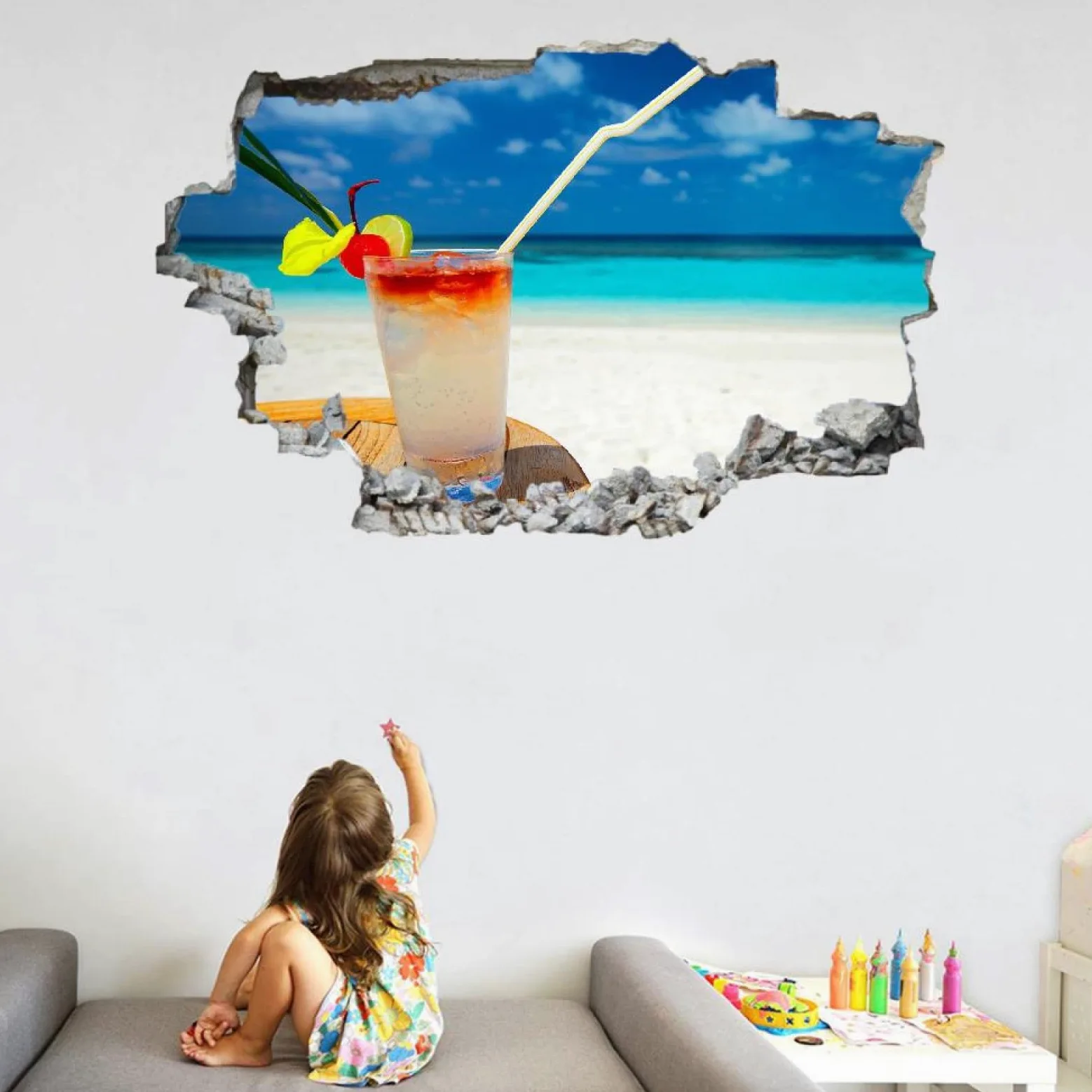 Adesivi Murali 3D Fracassato Spiaggia Decorazione Domestica Smontabile Del Vinile Del Tatuaggio Della Parete Vacanze Decalcomanie Impermeabili Art For Kids Room Wall Decor 80x120cm