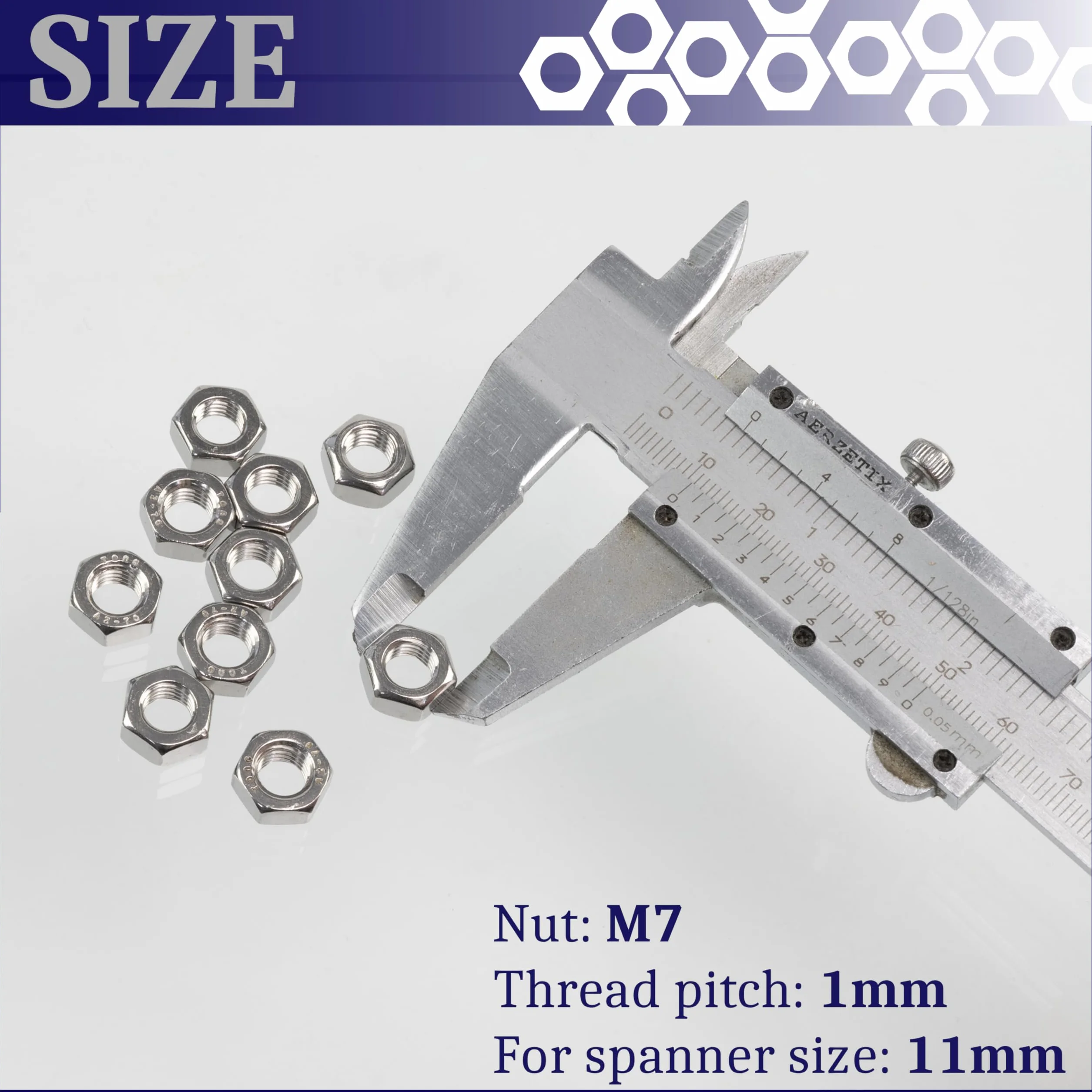 AERZETIX Set di 10 Dadi esagonali M7x1mm a 6 lati in acciaio inossidabile argento