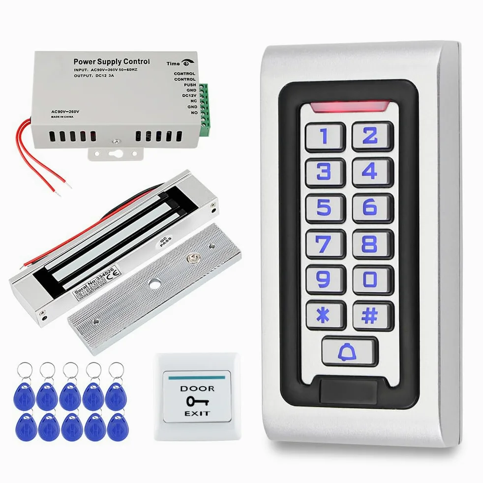 IP68 Kit del Sistema di Controllo di Accesso Della Porta Impermeabile Tastiera RFID Metallo 125KHz WG26 + Serratura Magnetica Elettrica 180KG + Schede Chiave 10PCS