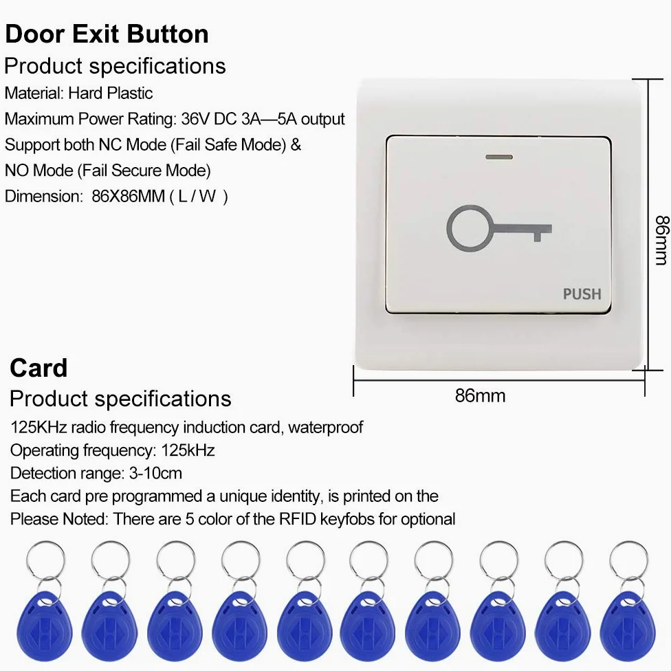 KDL Tastiera impronta digitale per sistema di controllo accessi RFID completo, alimentazione DC12V, serratura magnetica elettrica da 180kg con pulsante interruttore porta, portachiavi 125KHz