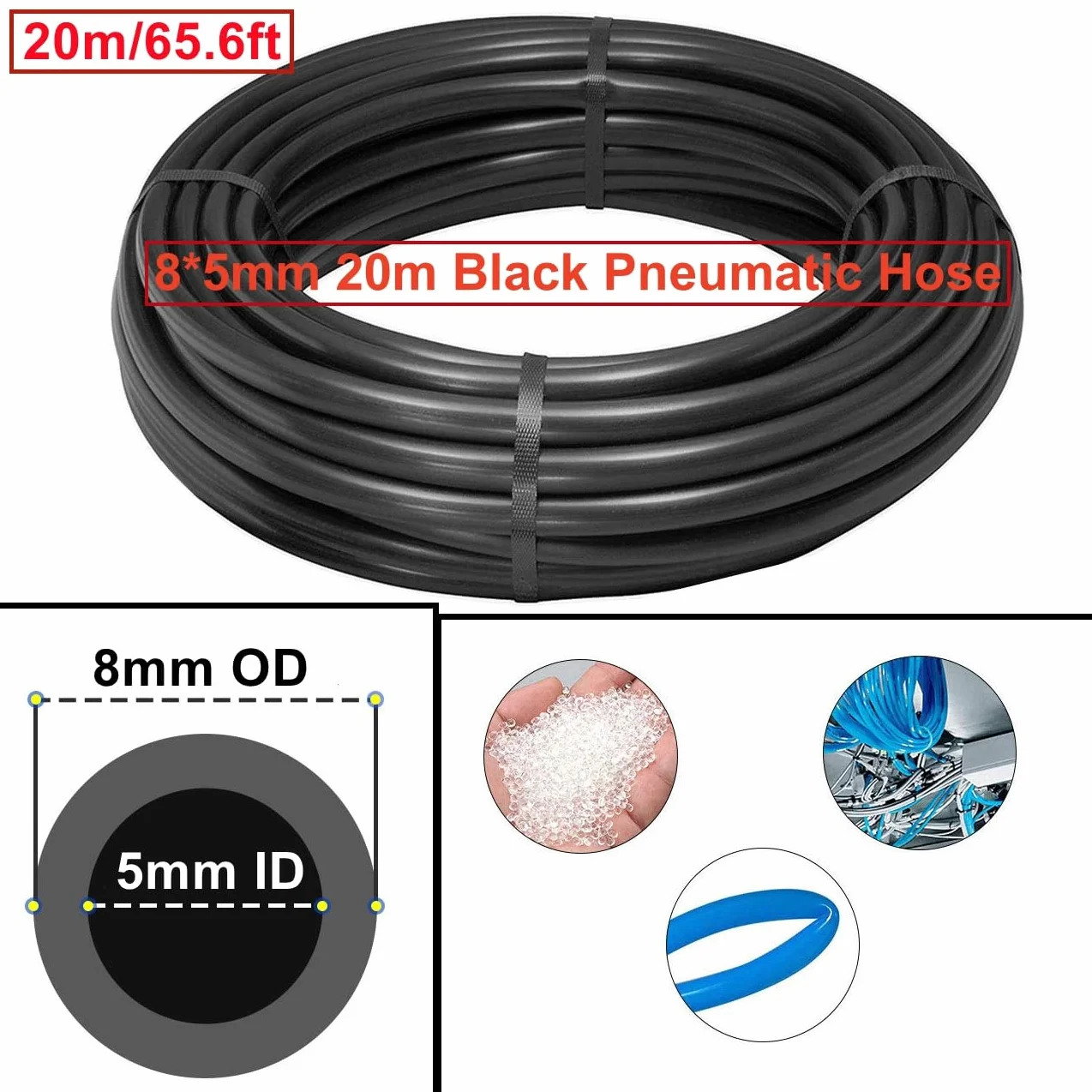 Tubo Pneumatico Aria Compressa 8mm Diametro Esterno 5mm Diametro Interno PU Poliuretano Nero 20m