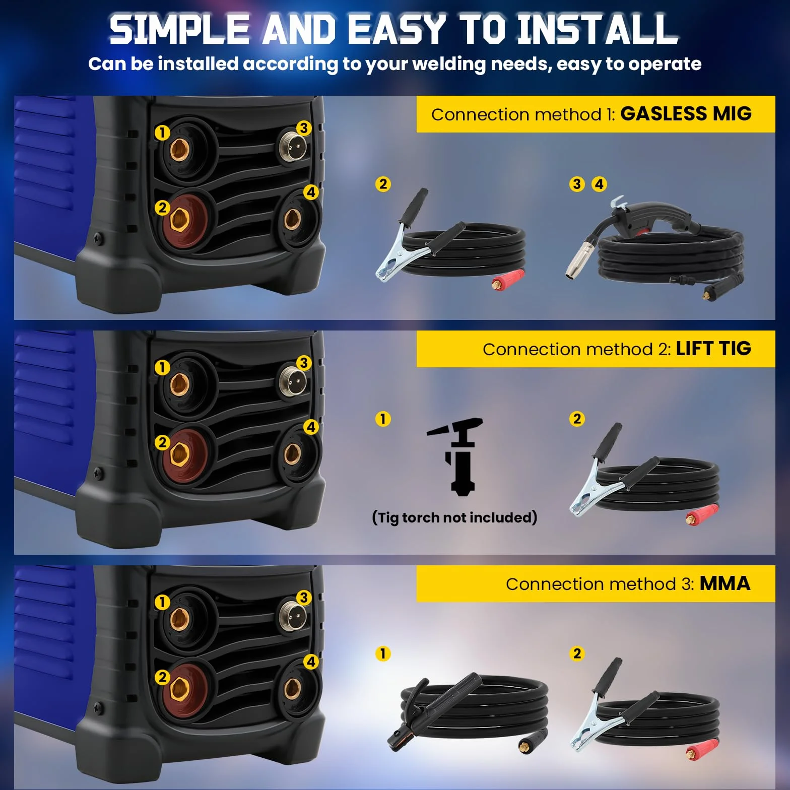 Saldatrice a Filo Continuo Senza Gas 140A 3 in 1 MIG/ARC/Lift TIG IGBT Inverter con Display LED