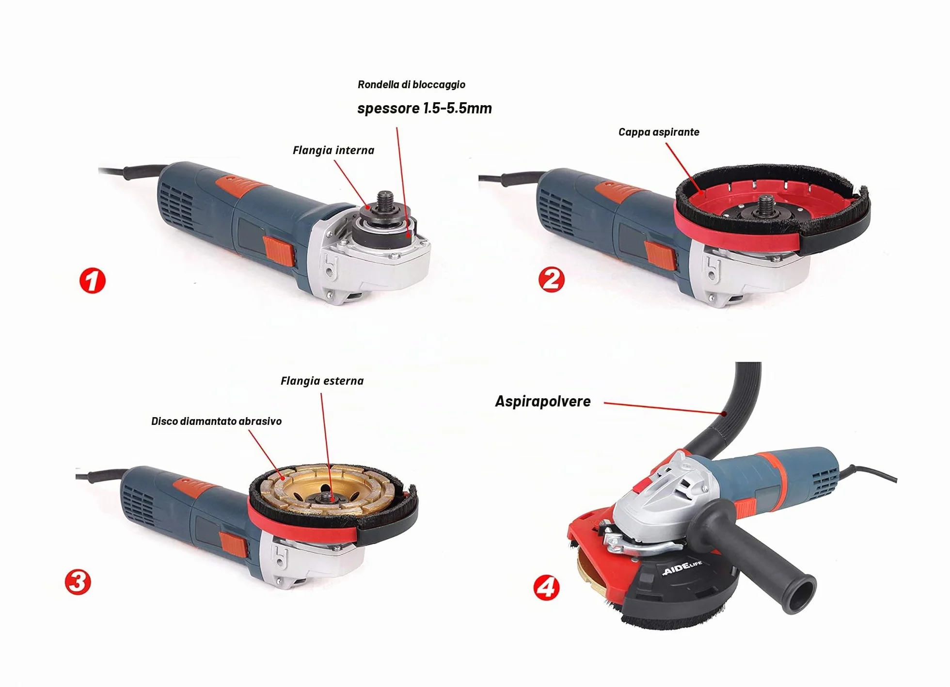 Aidelife cuffia di aspirazione universale per smerigliatrice angolare 115/125mm mola a tazza diamantata 125mm