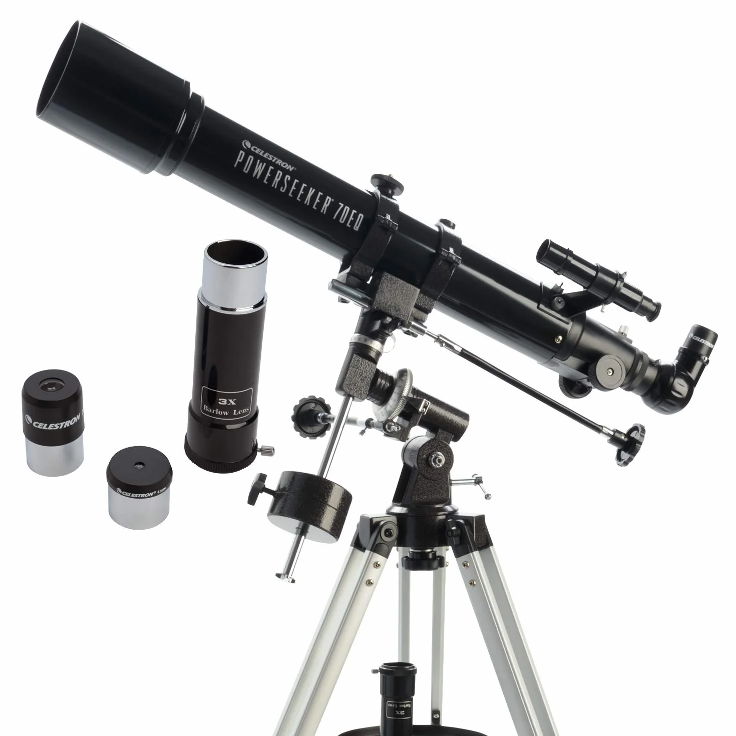 Celestron 21037 PowerSeeker 70EQ Telescopio riflettore - include due oculari, diagonale d'immagine eretta, lente di Barlow 3x, treppiede regolabile in altezza e vassoio accessori Deluxe, nero
