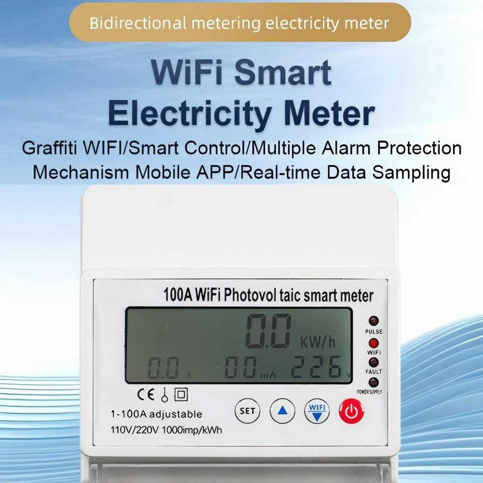 Contatore Elettrico Intelligente WiFi 100A, Misurazione Energia Bidirezionale/Controllo Remoto/Protezione da Sovratensione e Sottotensione, Monitor di Potenza Monofase 4P 110/220V