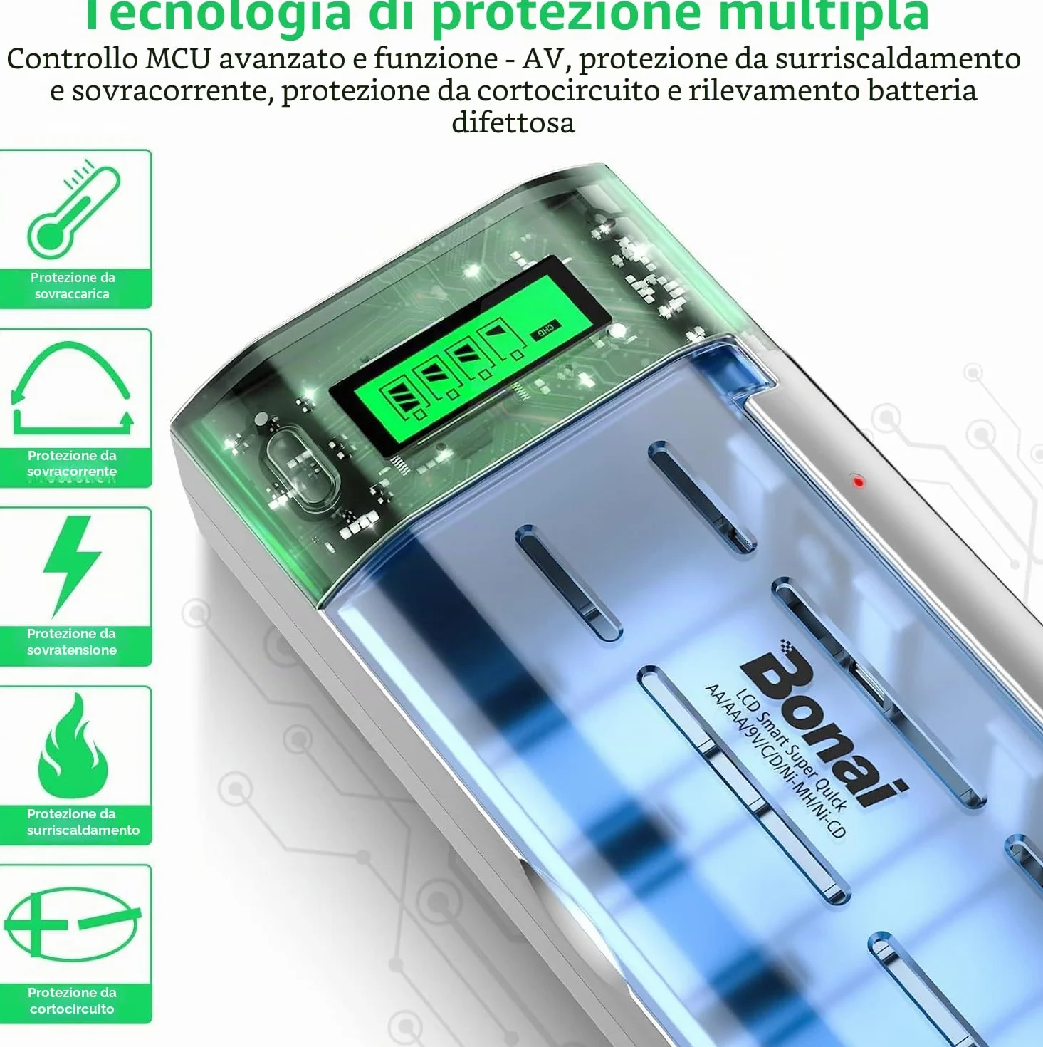 BONAI Caricabatterie Universale per Batterie Ni-MH AA AAA C D e Li-ion 9V, Caricatore Rapido con Display LCD e Funzione di Scarica, 4 Slot Indipendenti