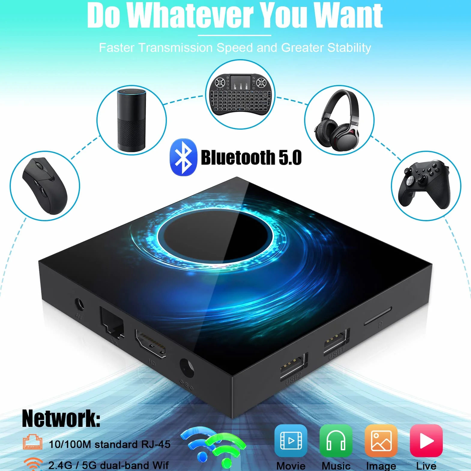 Android 10.0 TV Box 4GB RAM 64GB ROM Allwinner H616 Quadcore Mali-G31 MP2 GPU Supporto 2.4 / 5.0GHz dual-band Wifi BT5.0 3D 6K Ultra HD H.265 10/100 Ethernet HDMI2.0 Smart TV BOX