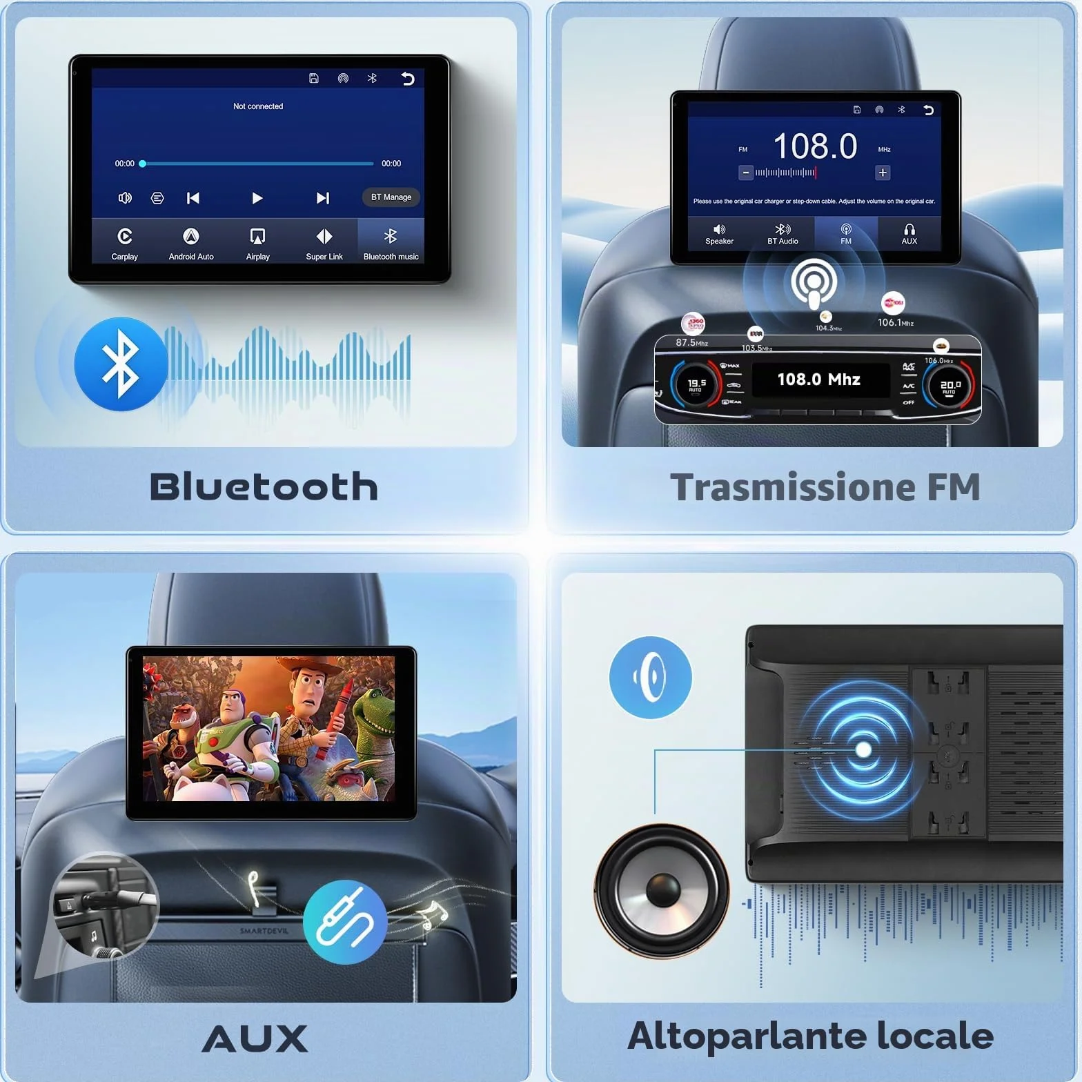 Lettore video da 10,1 pollici per poggiatesta auto, TV portatile da poggiatesta per sedile posteriore con Mirror Link wireless, Bluetooth, CarPlay e Android Auto wireless, con scheda TF da 64GB