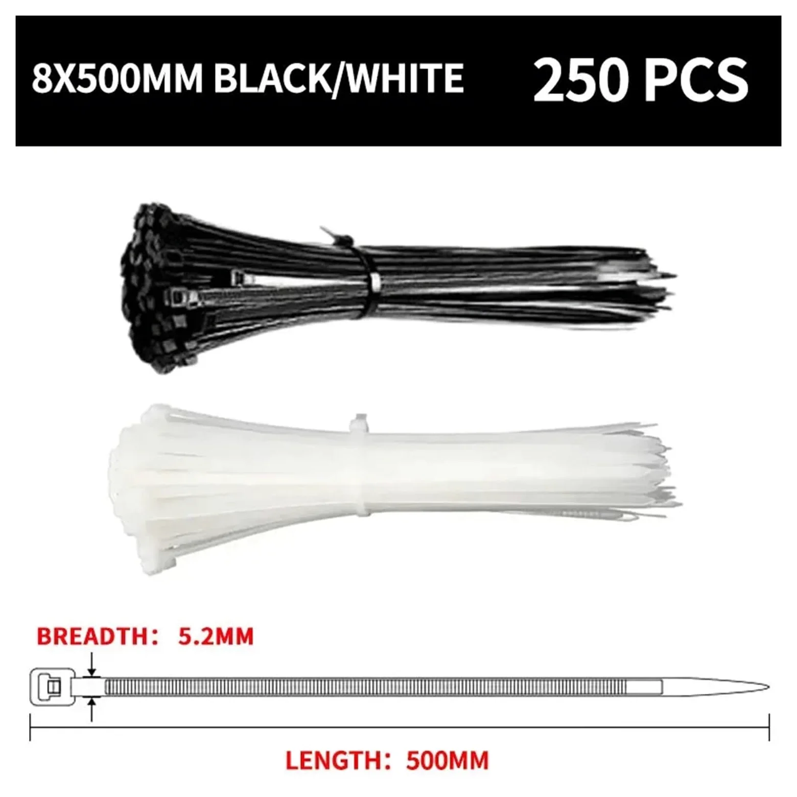 250 fascette autobloccanti resistenti in nylon bianco e nero for cablaggio - Facile Installazione(White,8x500mm)