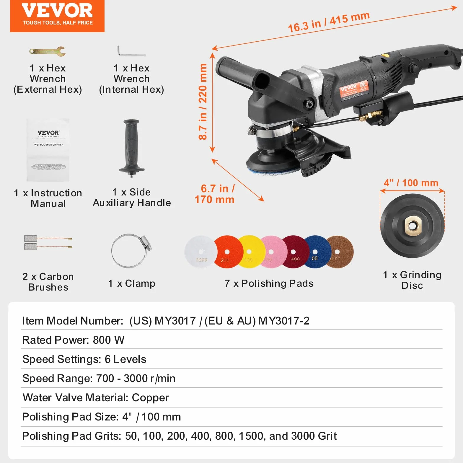 VEVOR Lucidatrice a Umido 800 W, 100 mm, 6 Velocità, 7 Tamponi, per Marmo Granito Pietra