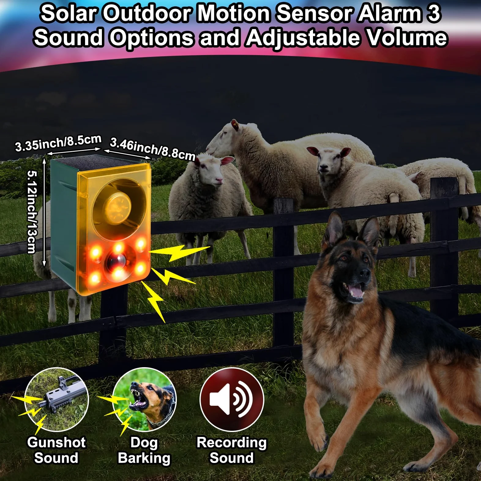 Qualirey Allarme solare per esterni con sensore di movimento con picchetto, spari e suoni che abbaiano del cane, 3 modalità di supporto per la registrazione e il volume regolabile, ricarica USB, 129