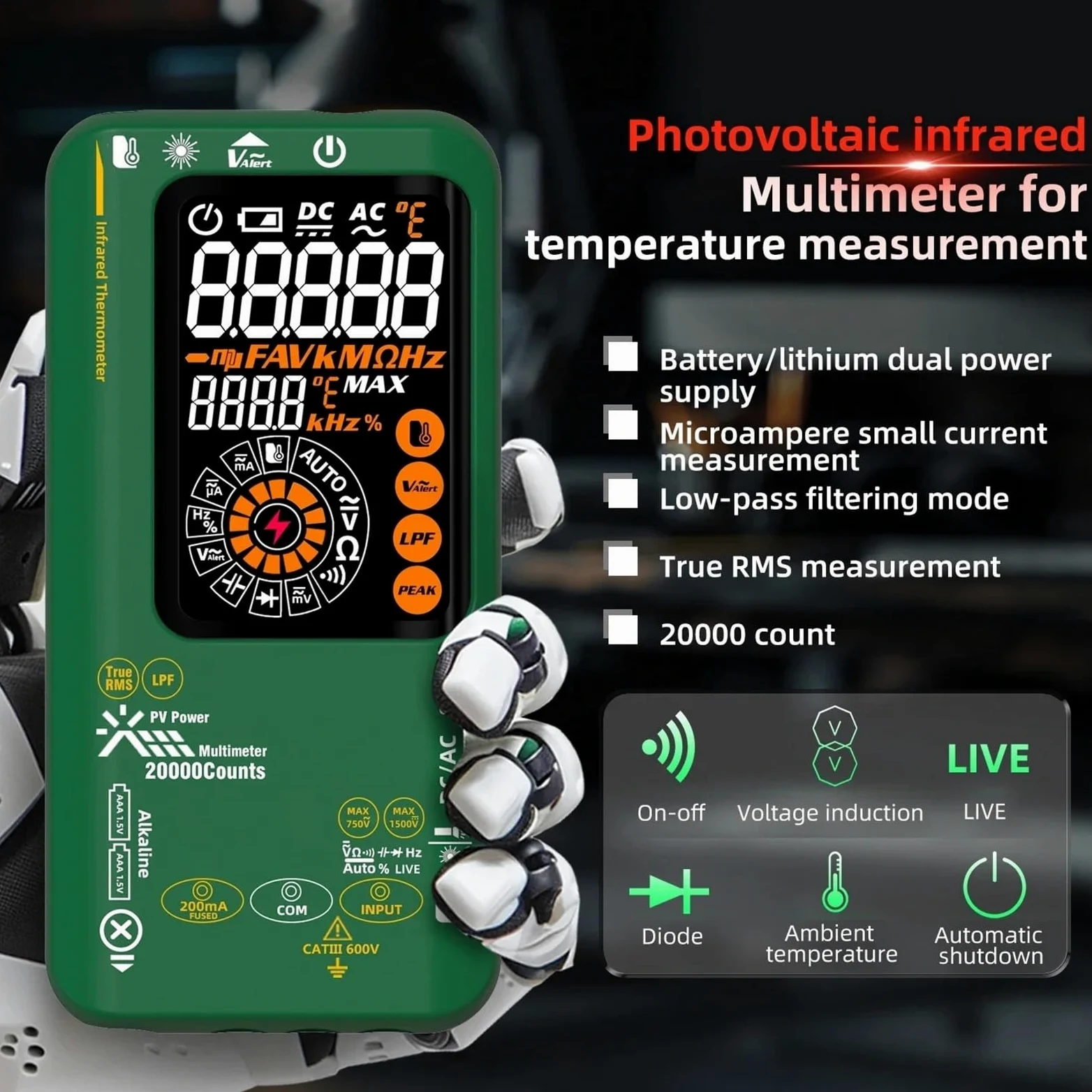 Multimetro, Multimetro digitale intelligente fotovoltaico con display da 20.000 parole, misurazione della temperatura a infrarossi, tensione e corrente continua a 1.500 V.