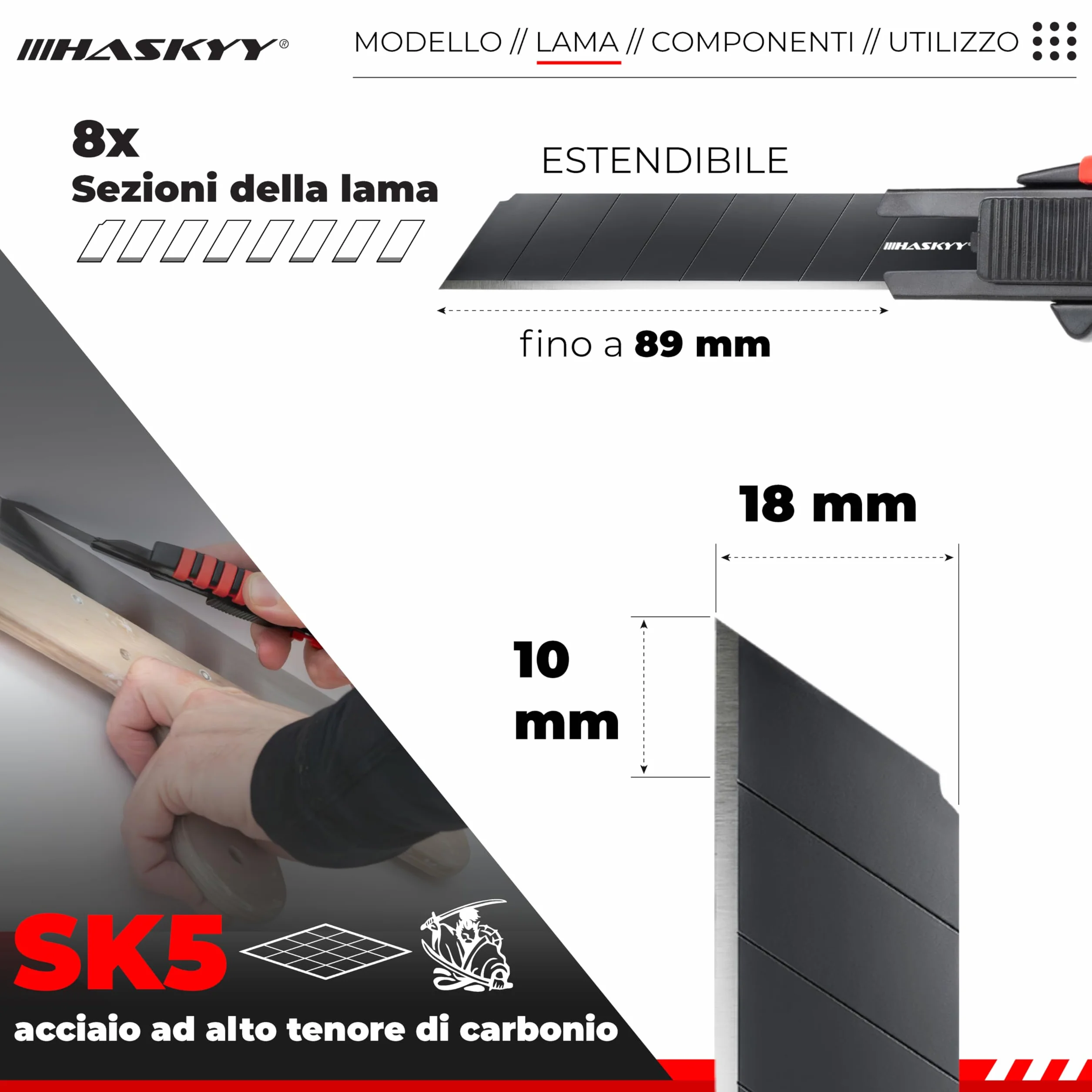 HASKYY Taglierino da Tappeto 18mm Set 5x Coltelli con Lama SK5 Ergonomico