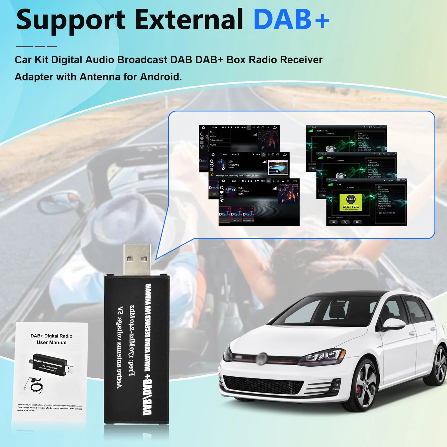 Podofo Adattatore DAB DAB+ Ricevitore Radio Digitale, Sintonizzatore Radio DAB+ con Antenna, Interfaccia Antenna SMA e USB 2.0, Modulo DAB Universale per Autoradio Android - Supporta APP ​​​​DAB