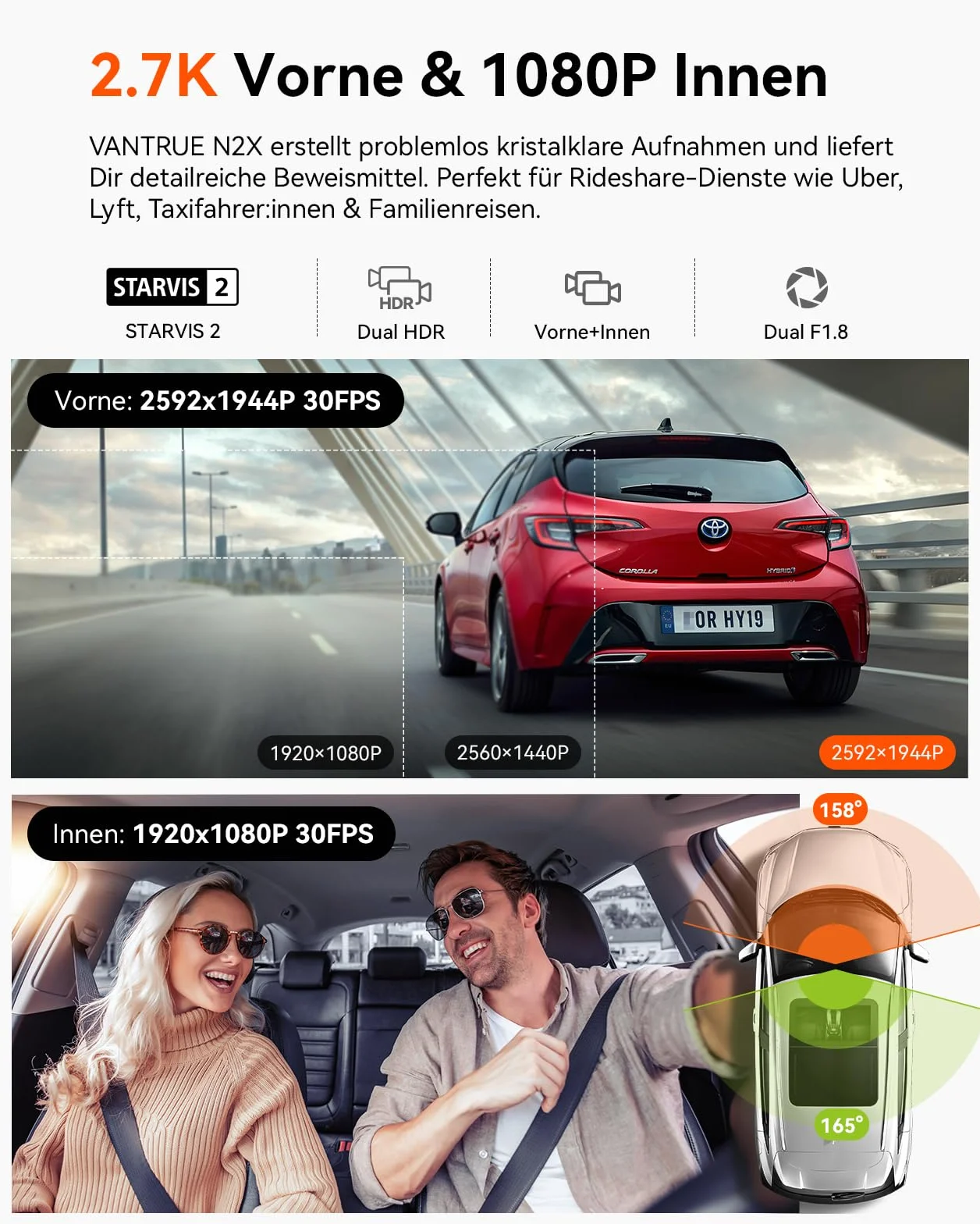 VANTRUE N2X 2.7K+1080P Telecamera per Auto Anteriore Interna, STARVIS 2 Doppia HDR Dash Cam Infrarossi, 2.5K/60FPS Frontale, 5GHz WiFi GPS, APP & Controllo Vocale, 24/7 Modalita Parcheggio, Max 512GB