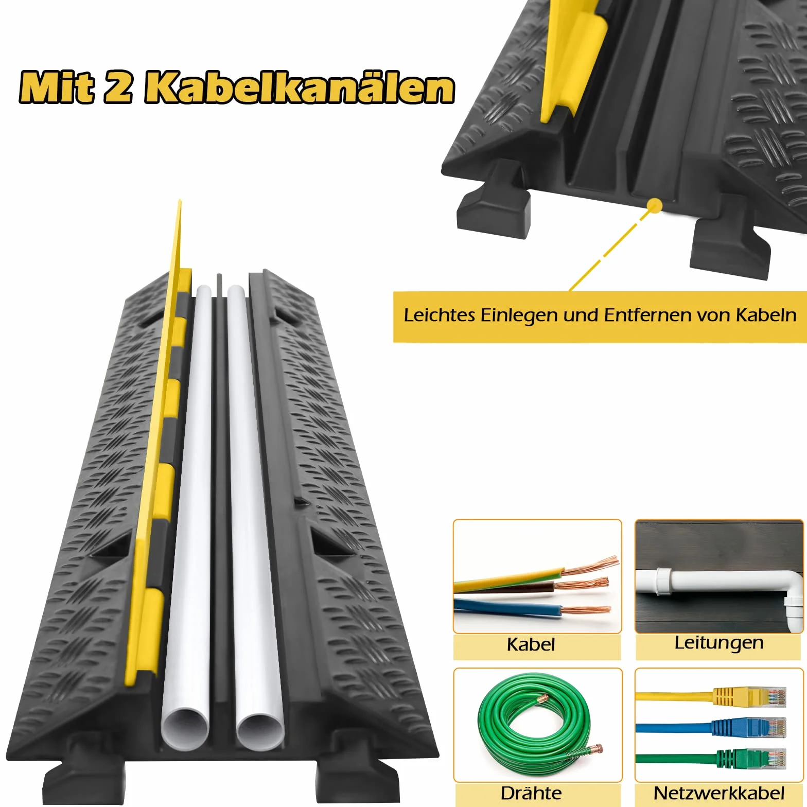 4 ponticelli per pavimento canalina per cavi modulare in gomma 100 x 24 x 5 cm nero/giallo