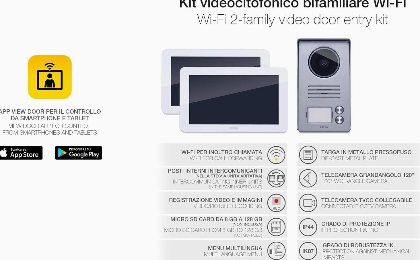 Vimar K40946 Kit Videocitofono Smart Bifamiliare con 2 Monitor Touch Screen Vivavoce, Targa Audiovideo 2 Pulsanti con Cornice Parapioggia, 2 Alimentatori Multispina, Bianco