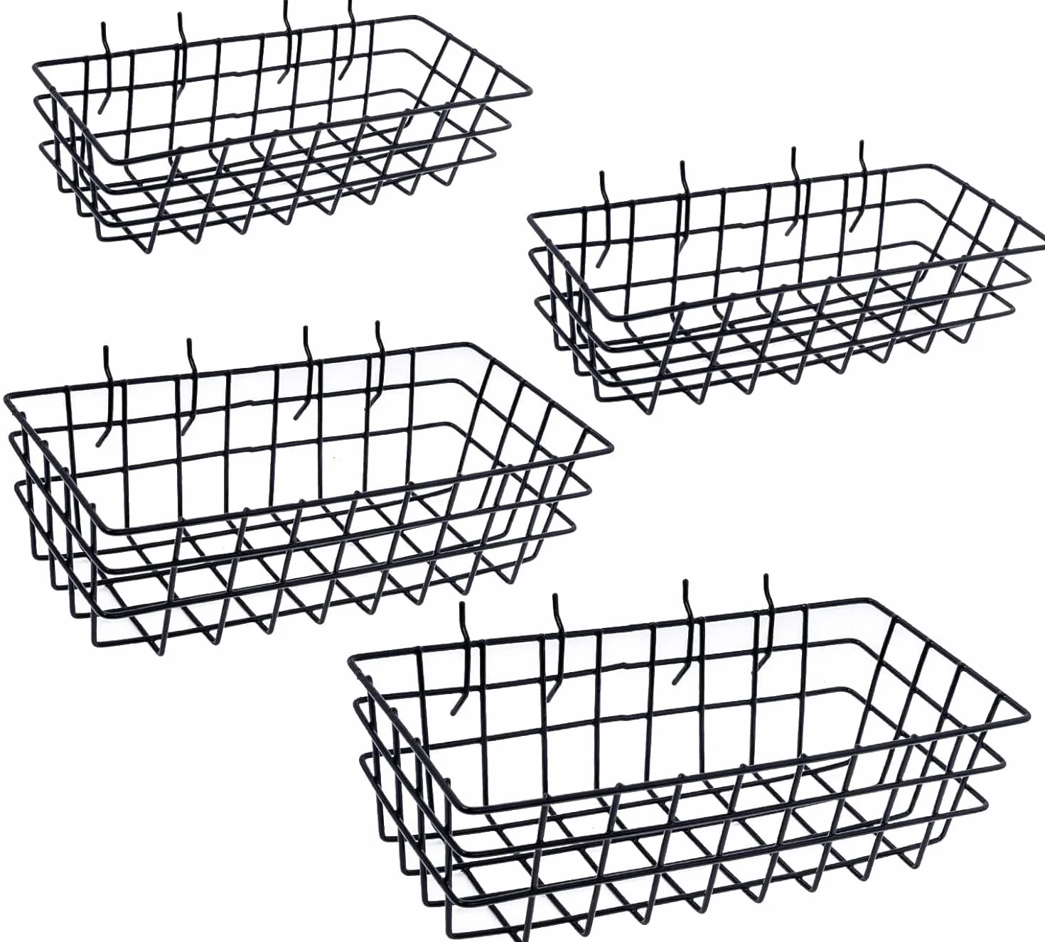 Set di 4 cestini quadrati per pannelli forati, filo metallico nero, ganci, organizzazione strumenti da parete