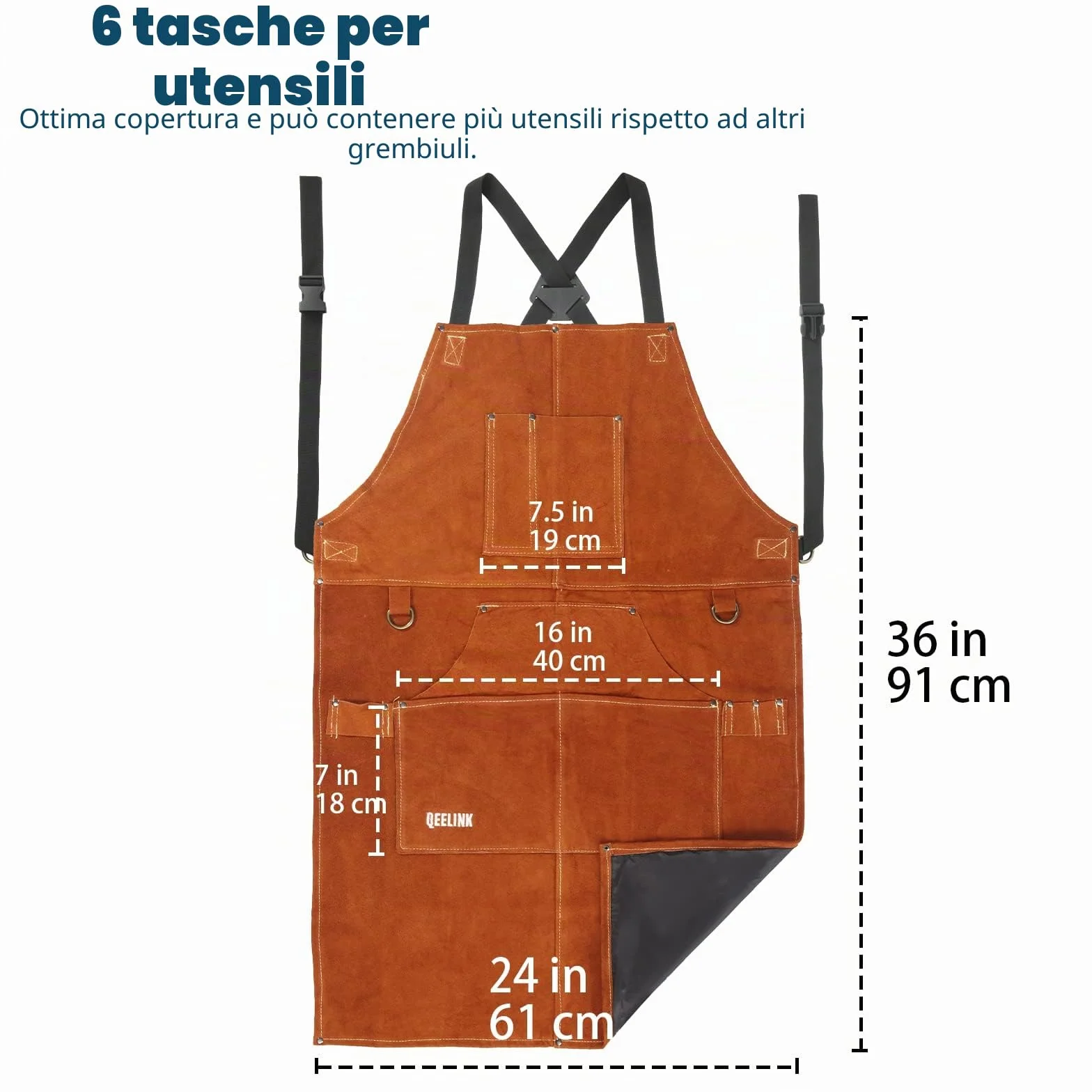 QeeLink Grembiule Saldatore in Pelle Resistente al Calore, Grembiule per Falegname con 6 Tasche, Grembiuli da Lavoro per Uomo Regolabile da M a XXXL per Fabbro, Carpentiere