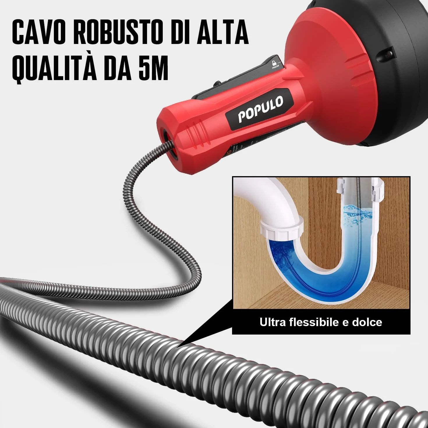 POPULO Trivella di scarico 5m Spirale per pulizia tubi Sonda Sturatubi Utensili rimozione zoccoli scarico serpente per impianti idraulici