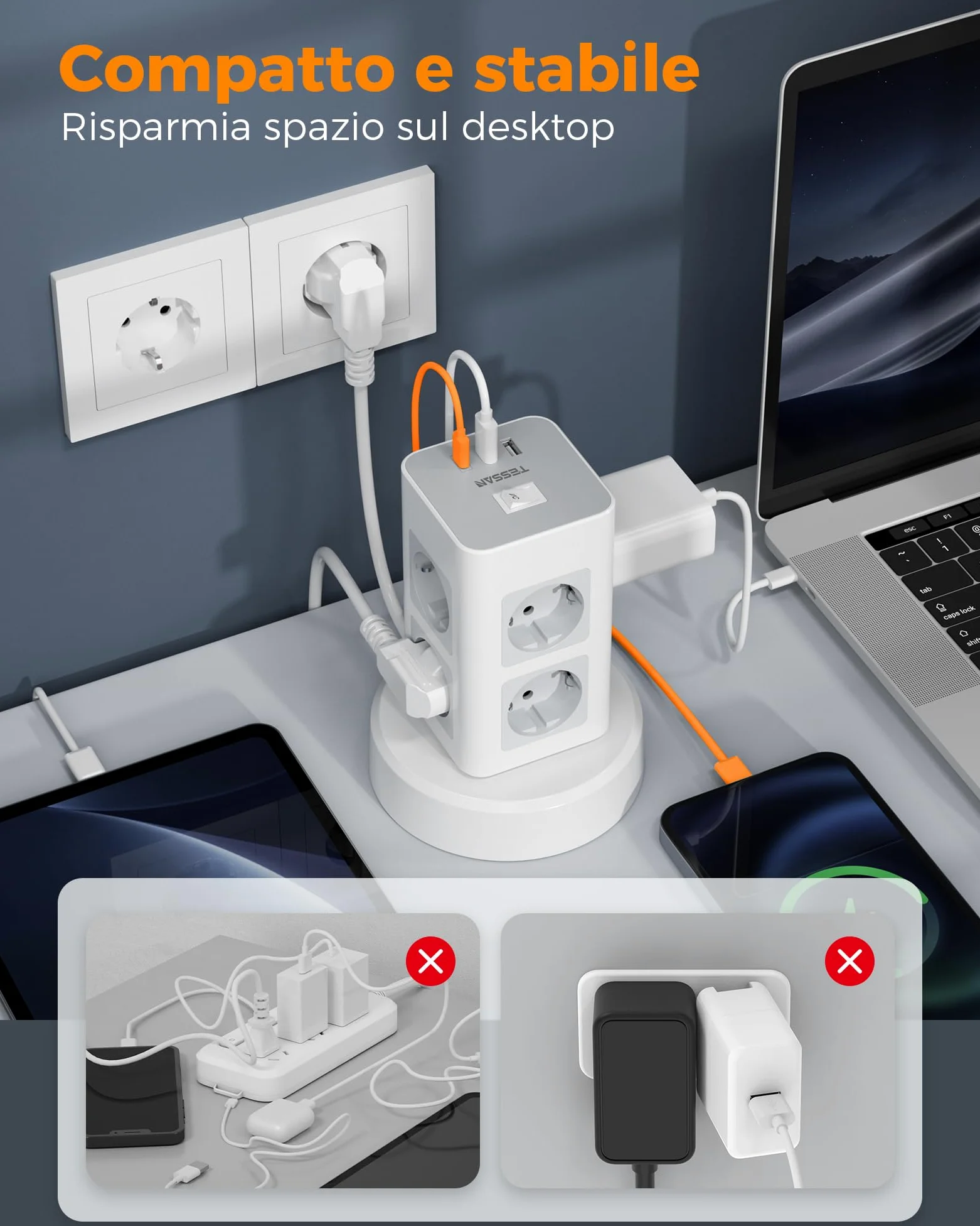 TESSAN Ciabatta Multipresa con 1 USB C, Ciabatta Elettrica con 8 Presa, Prolunga Retrattile 2M, Torretta Multipresa da Scrivania con 1 Interruttori Indipendenti, Girgio