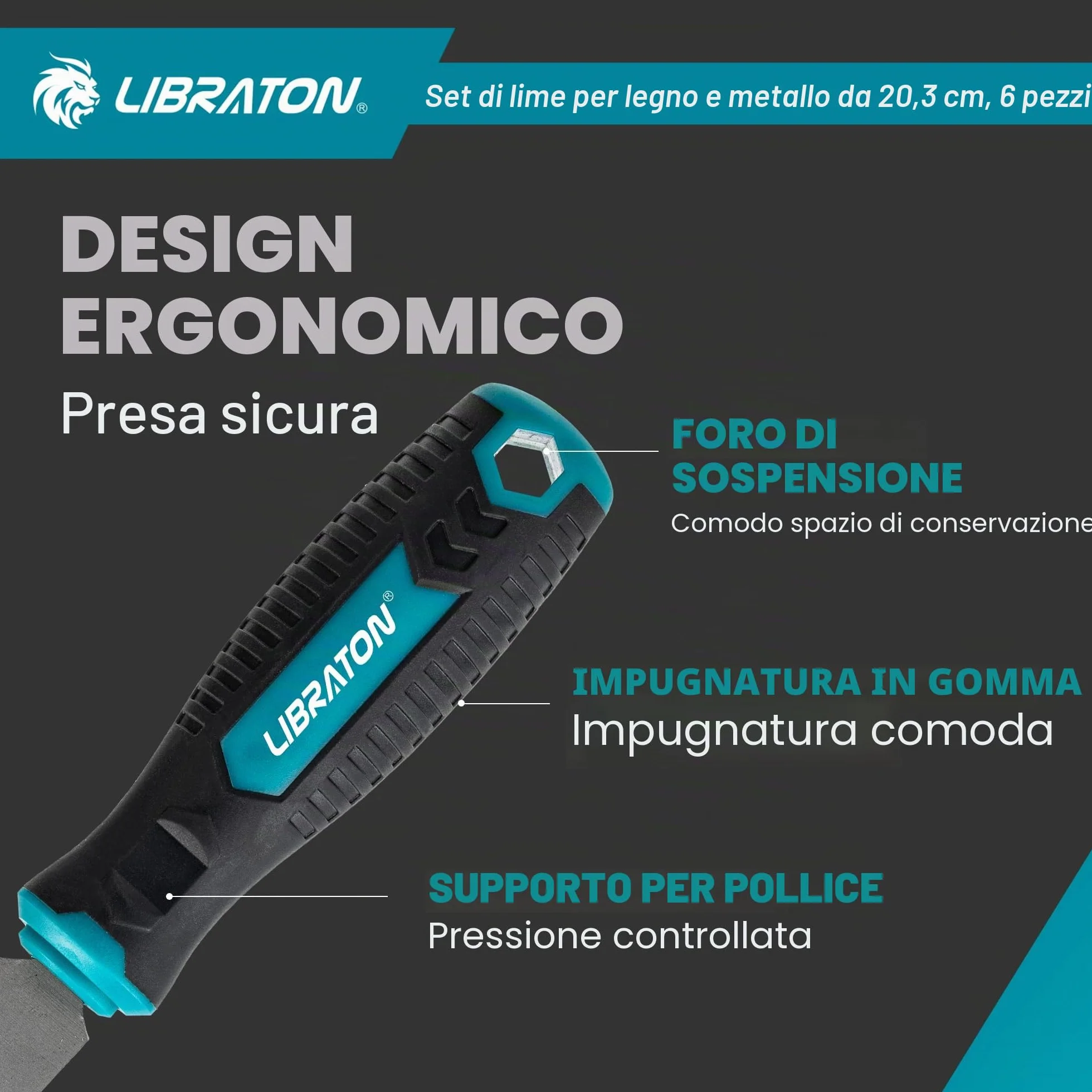 Libraton Set di Lime Metalliche 6 Pezzi 8 Pollici Acciaio al Carbonio Manico in Gomma con Raspa per Legno
