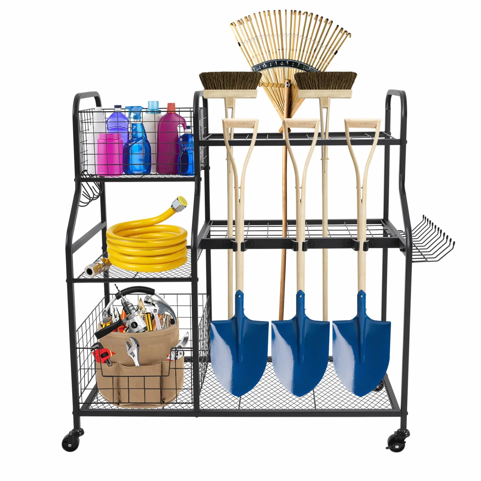 Scaffale per attrezzi da giardino, 36 scomparti, 12 ganci, in acciaio al carbonio, con ruote, portata 40 kg, per giardino, garage, capanno, 91,95 x 41,91 x 94 cm, colore nero